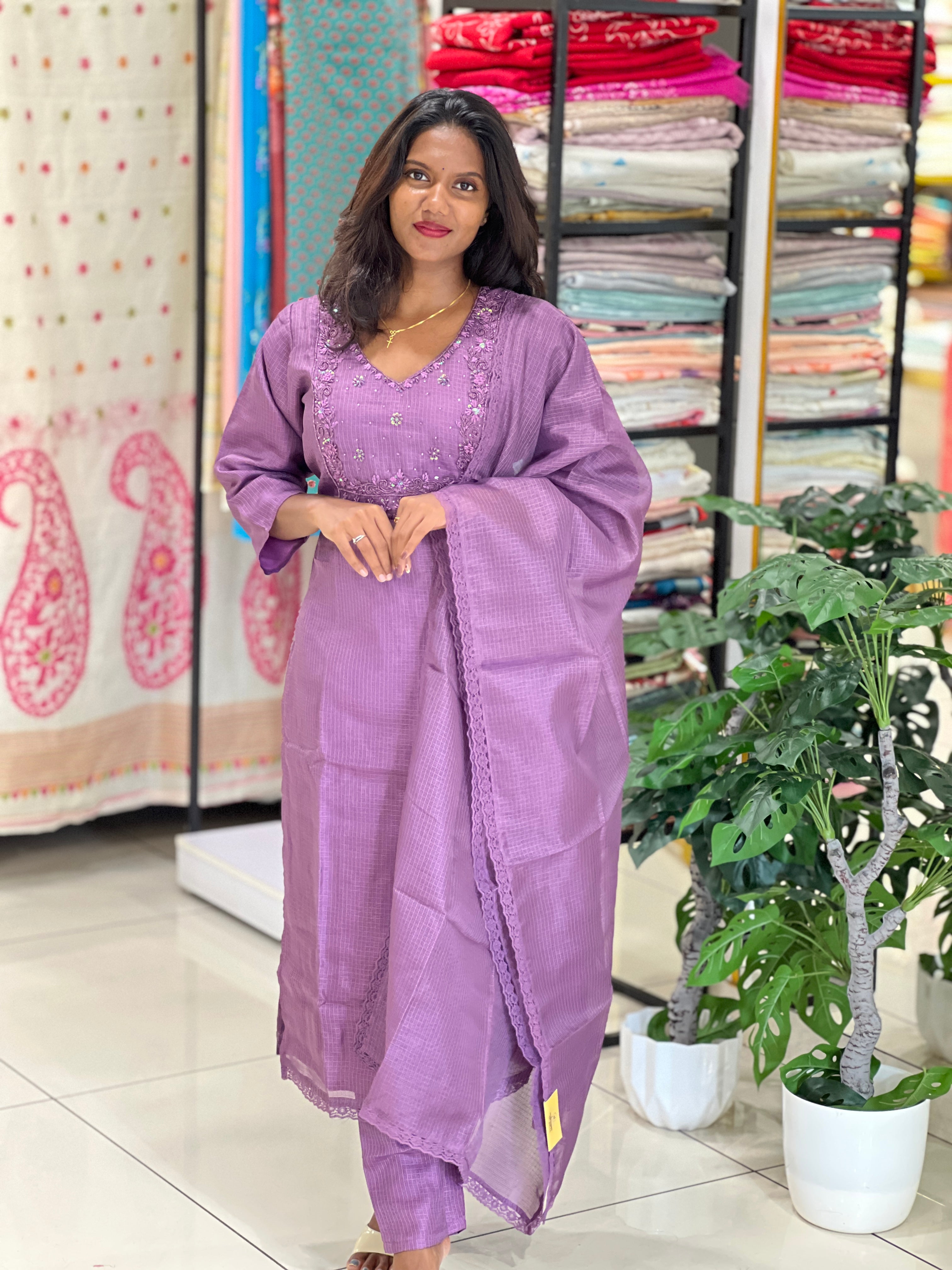 Hand Work Embroidered Silky Kota Kurta Set |SLM195