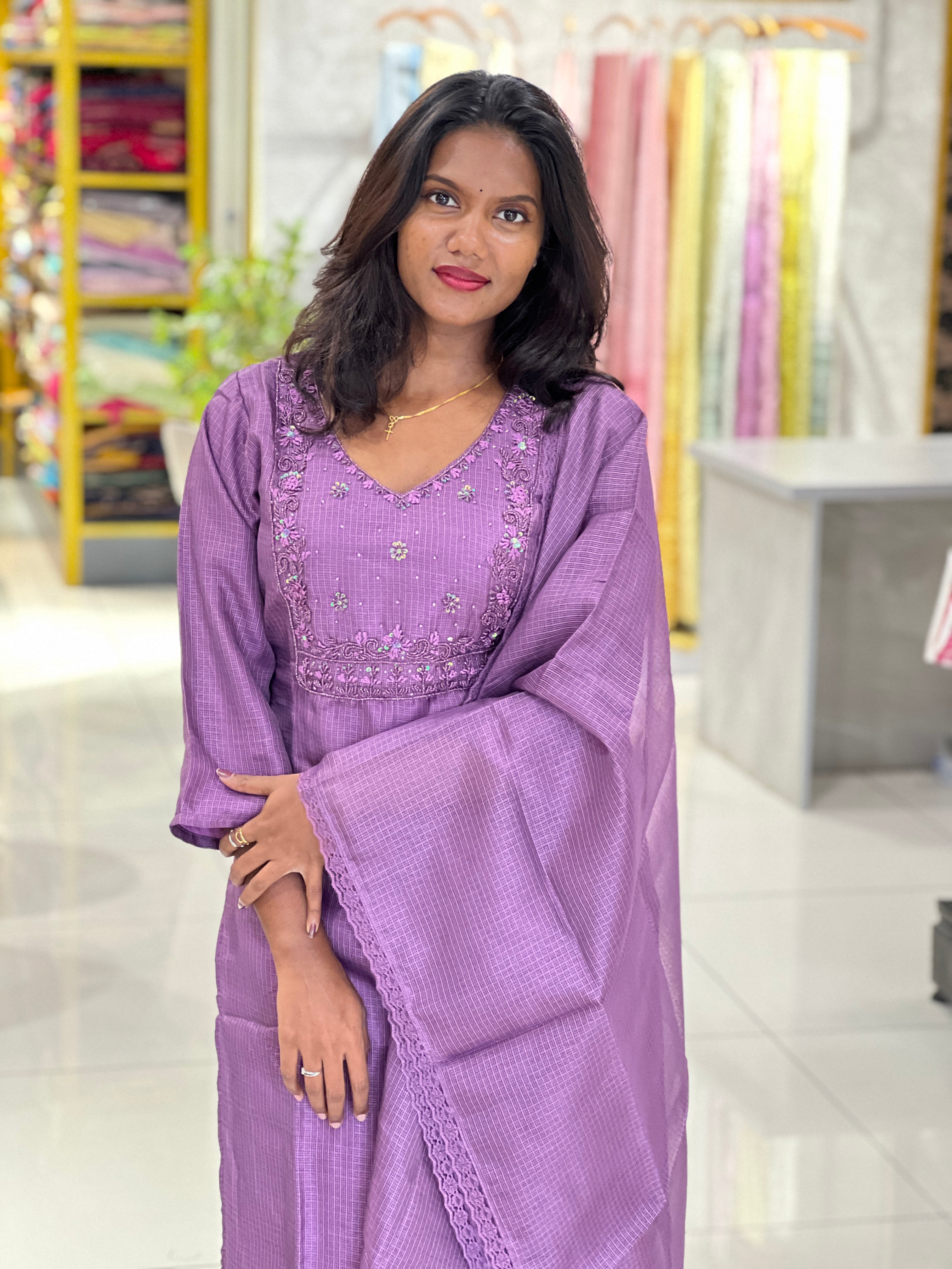 Hand Work Embroidered Silky Kota Kurta Set |SLM195