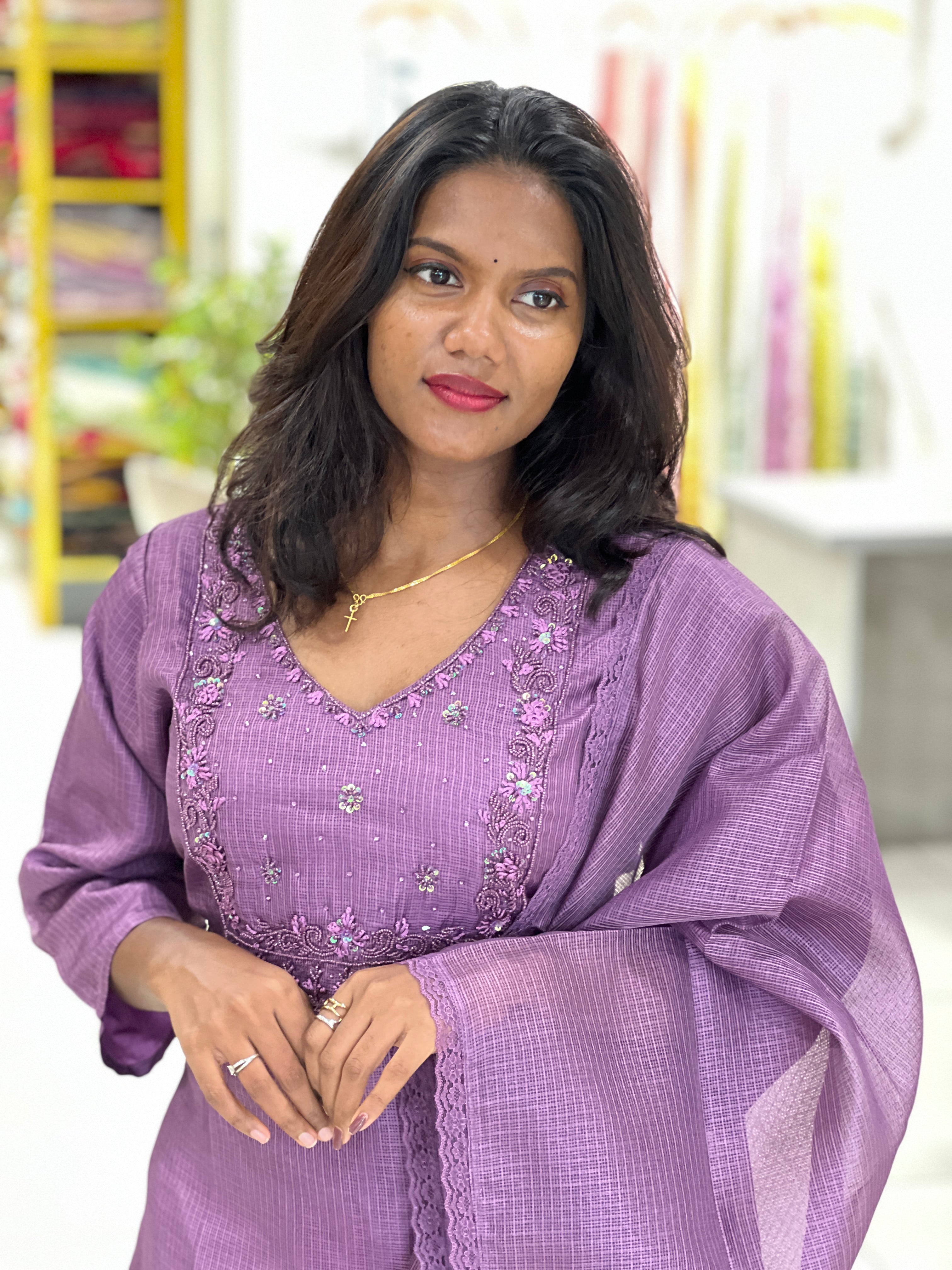 Hand Work Embroidered Silky Kota Kurta Set |SLM195