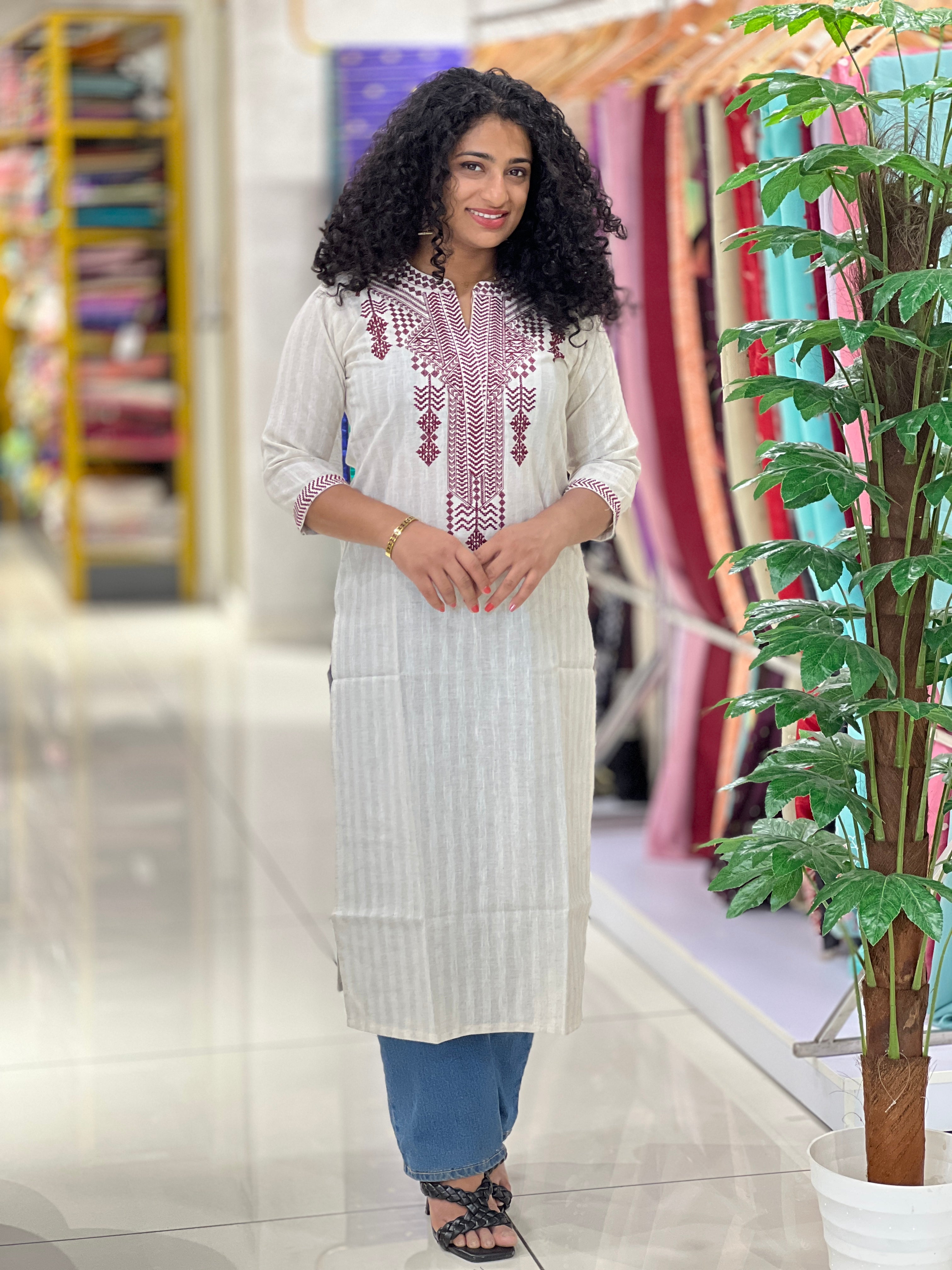 Embroidery With Self Stripe Detailed Kora Cotton Kurta | YOC111