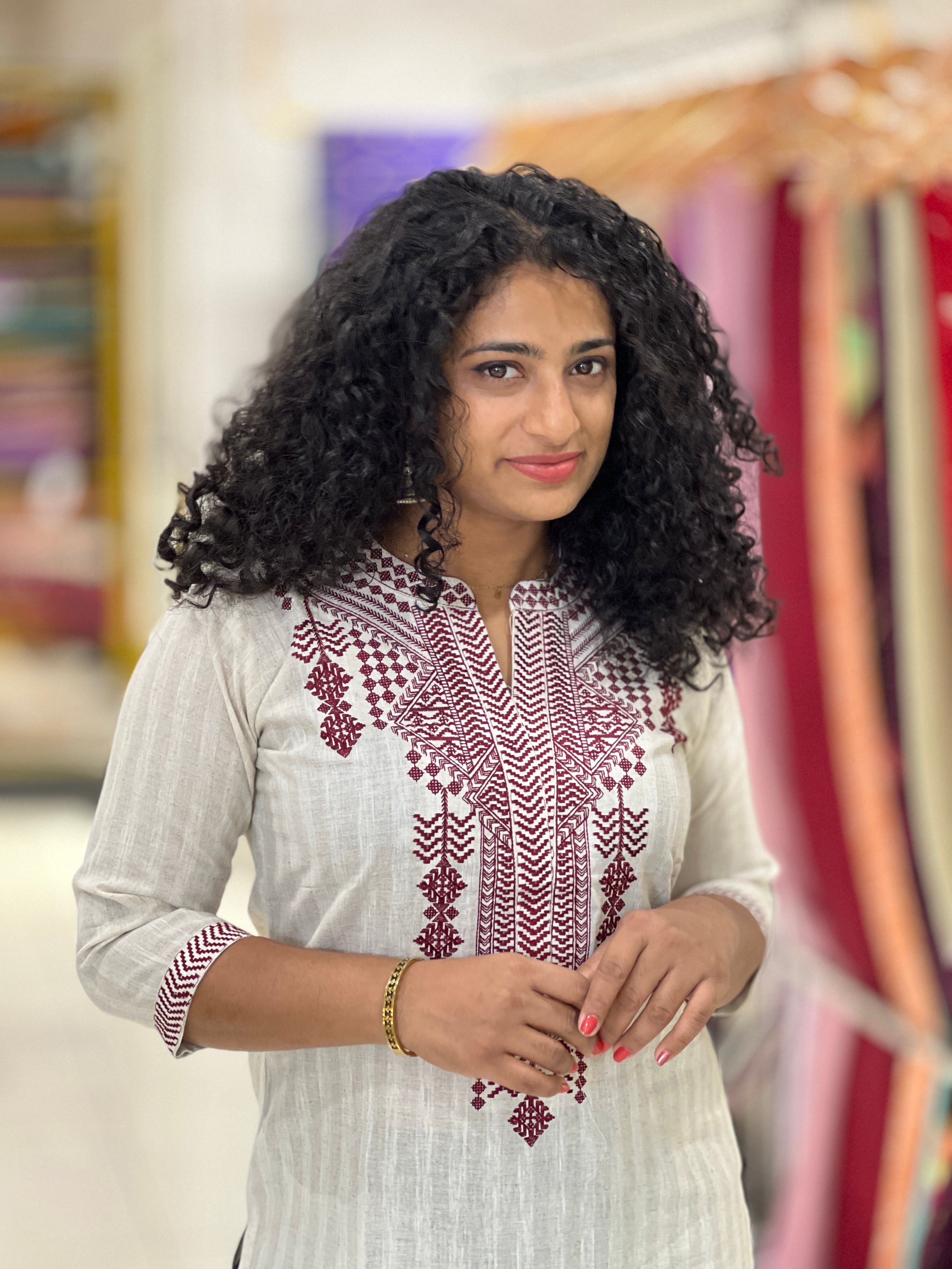 Embroidery With Self Stripe Detailed Kora Cotton Kurta | YOC111