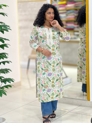 Floral Print With Lace Detailed Flex Cotton Kurta | YOC150