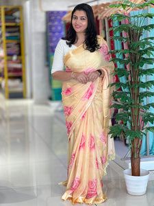 Floral Print With Banarasi Border Detailed Chinon Saree | SSN122