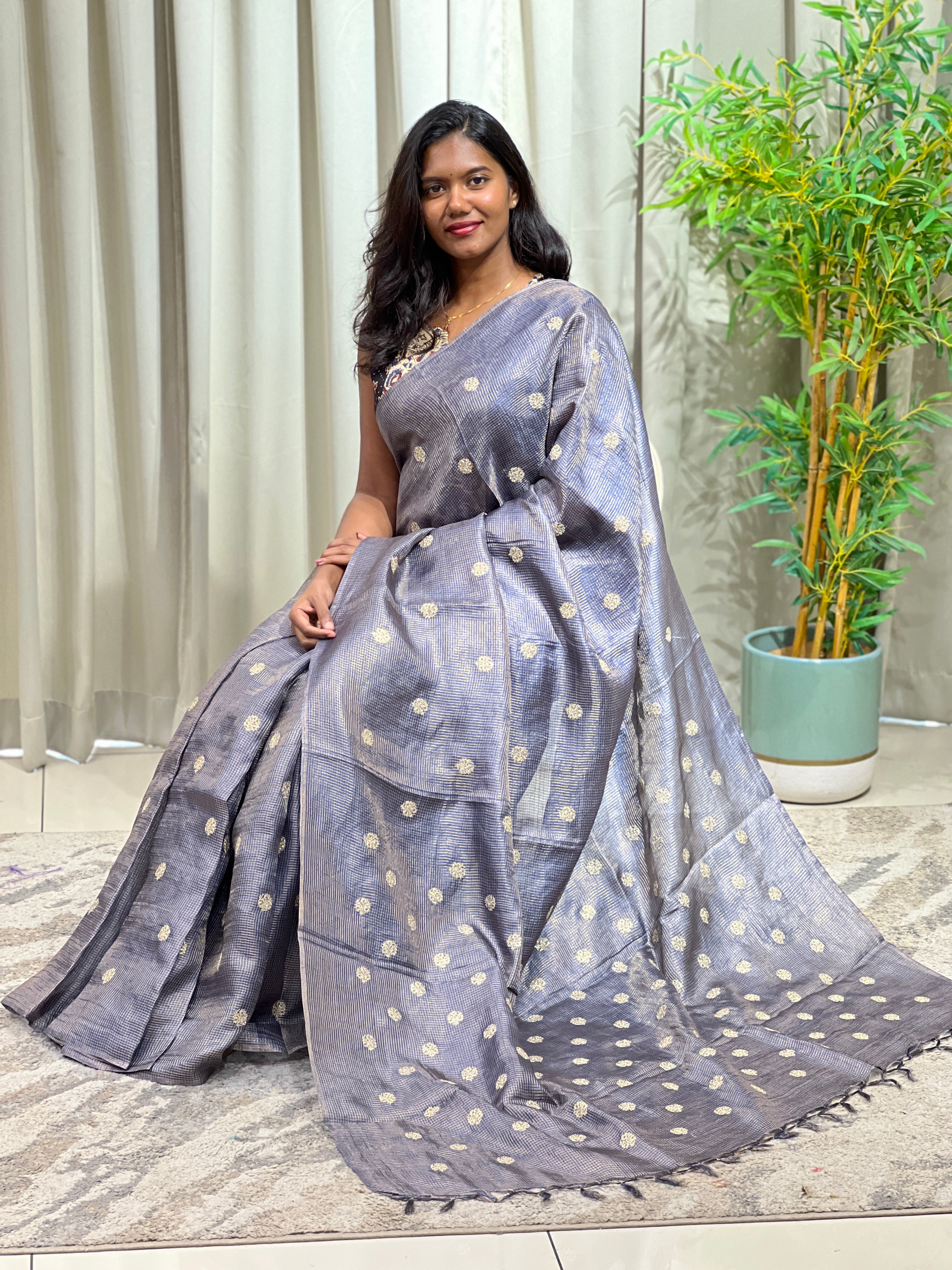 Embroidered Check Patterned Tussar Saree | HS1440
