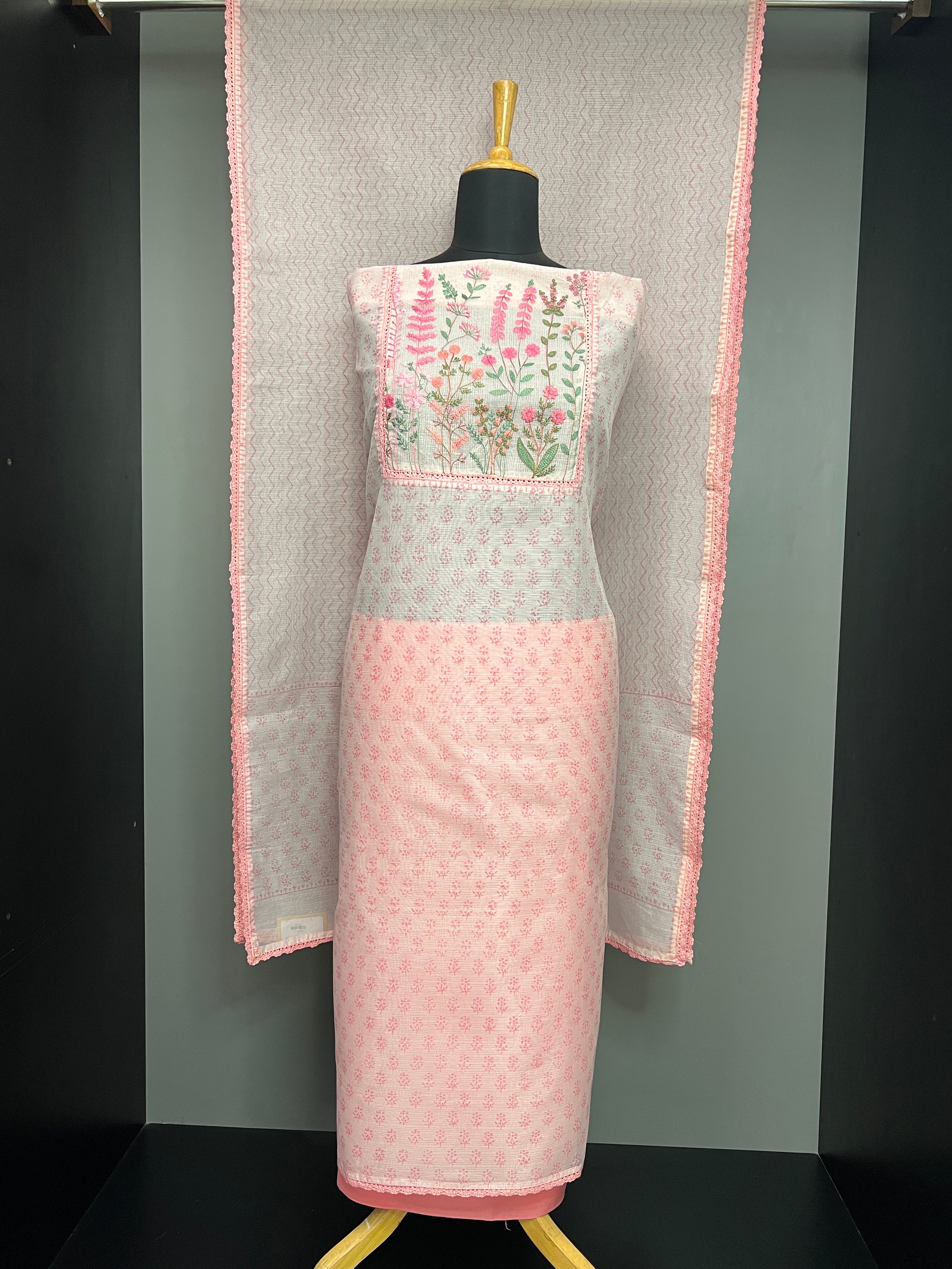 Block Print With Embroidery Detailed Muga Check Organza Salwar Set | JSC463