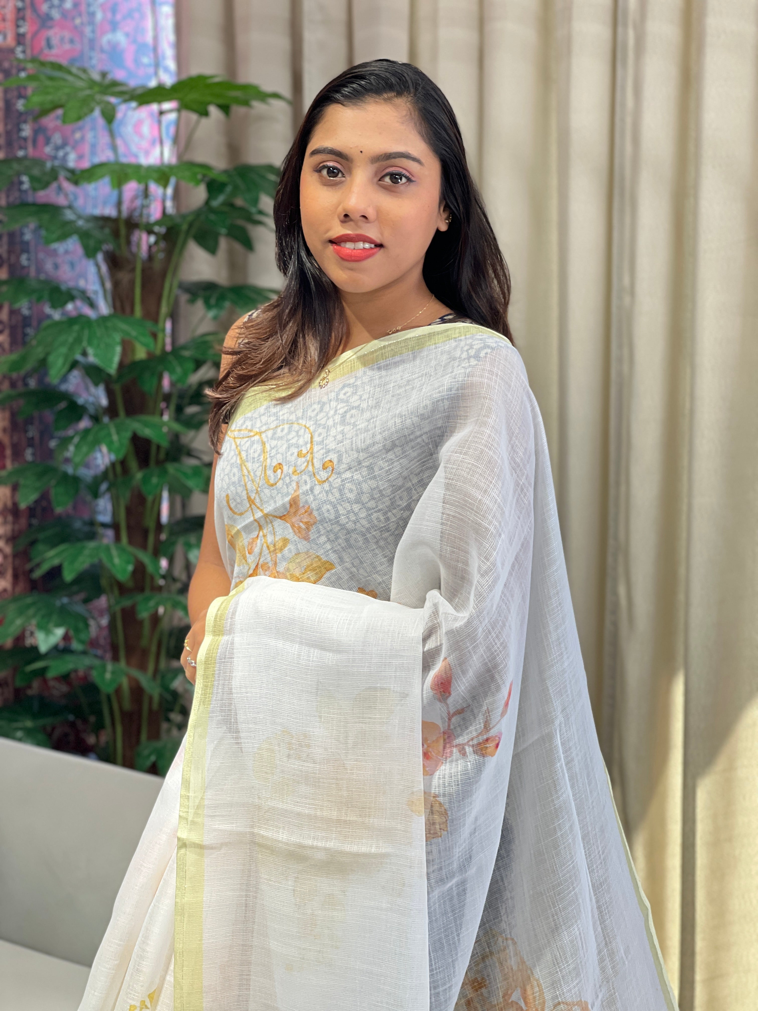 Floral Digital Printed Semi Linen Saree | YNG775