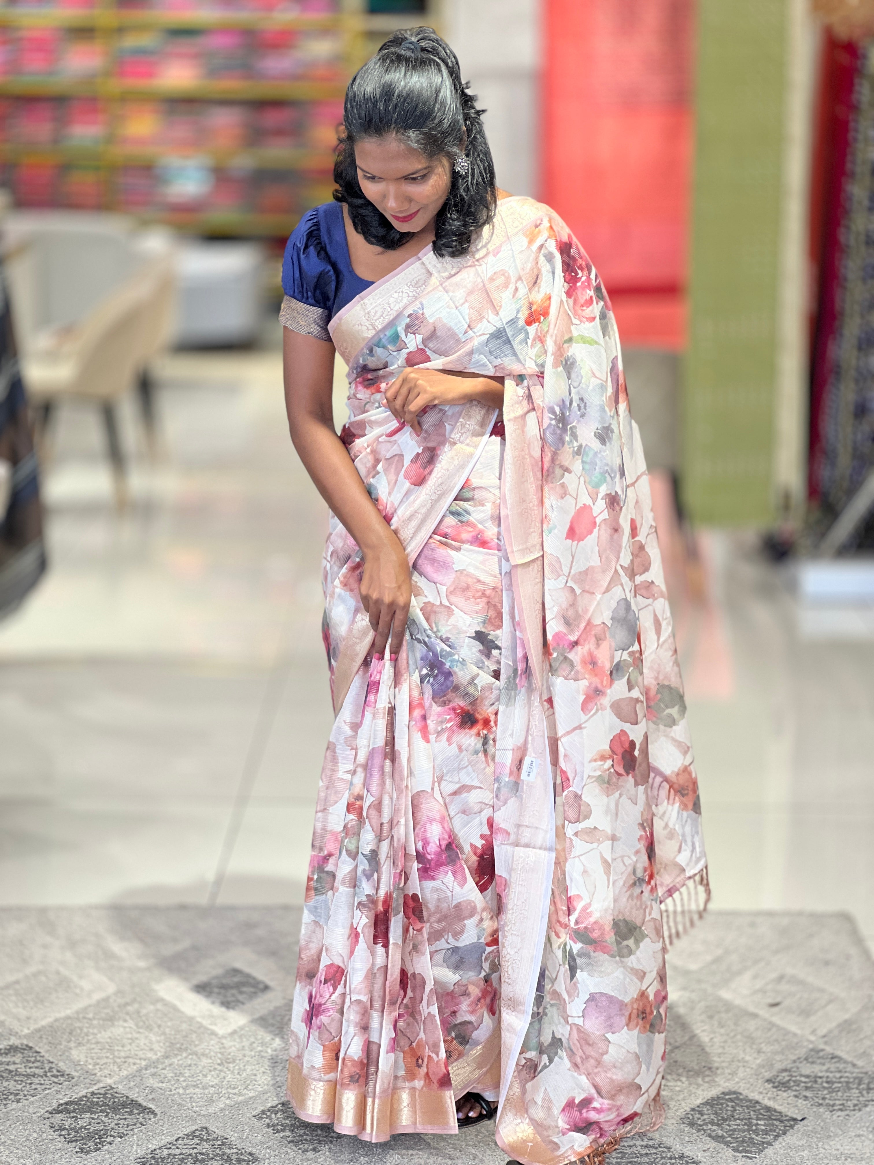 Floral Printed Chinon Saree | SSN121