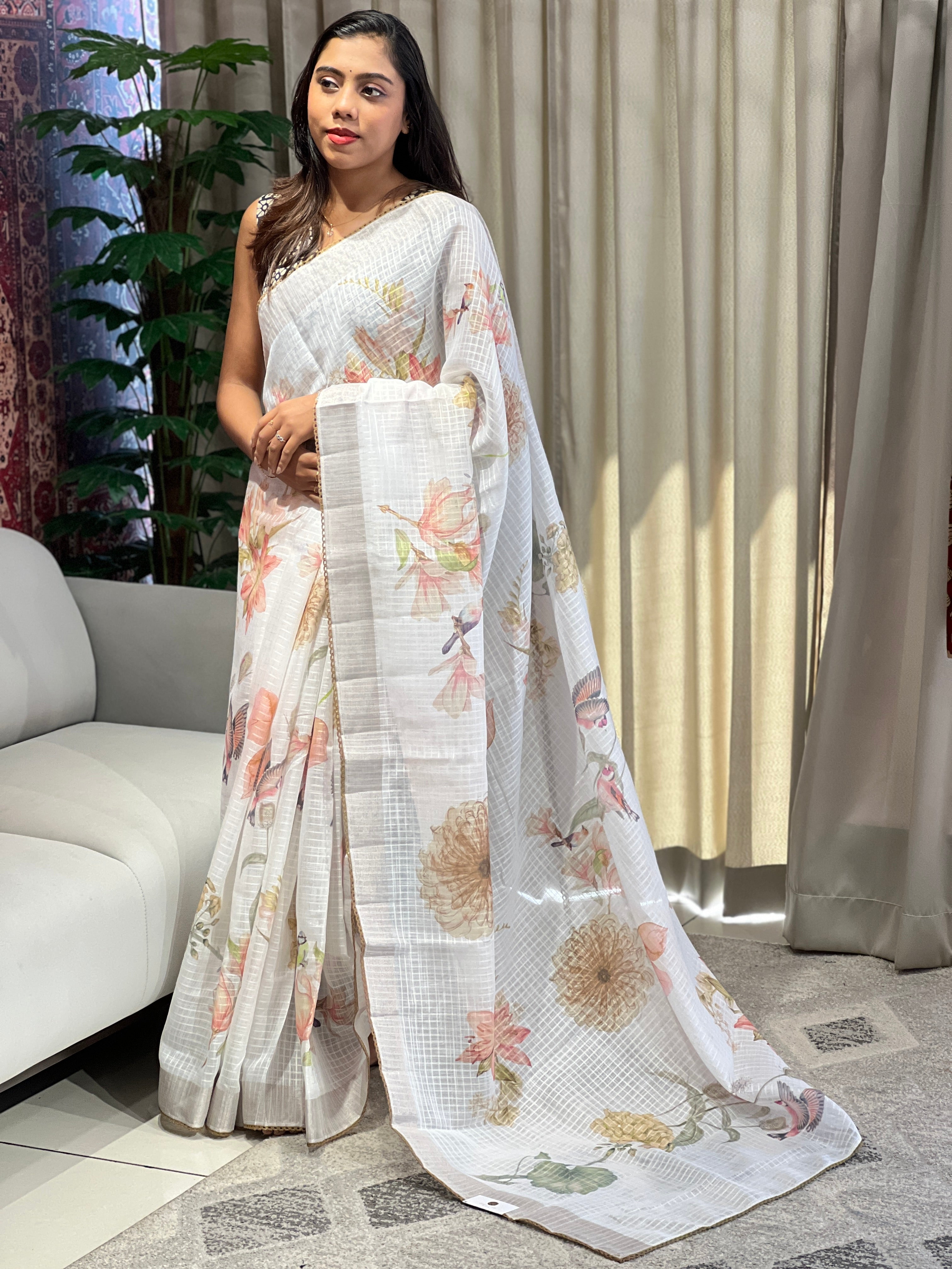 Floral Digital Printed Semi Linen Saree | YNG782