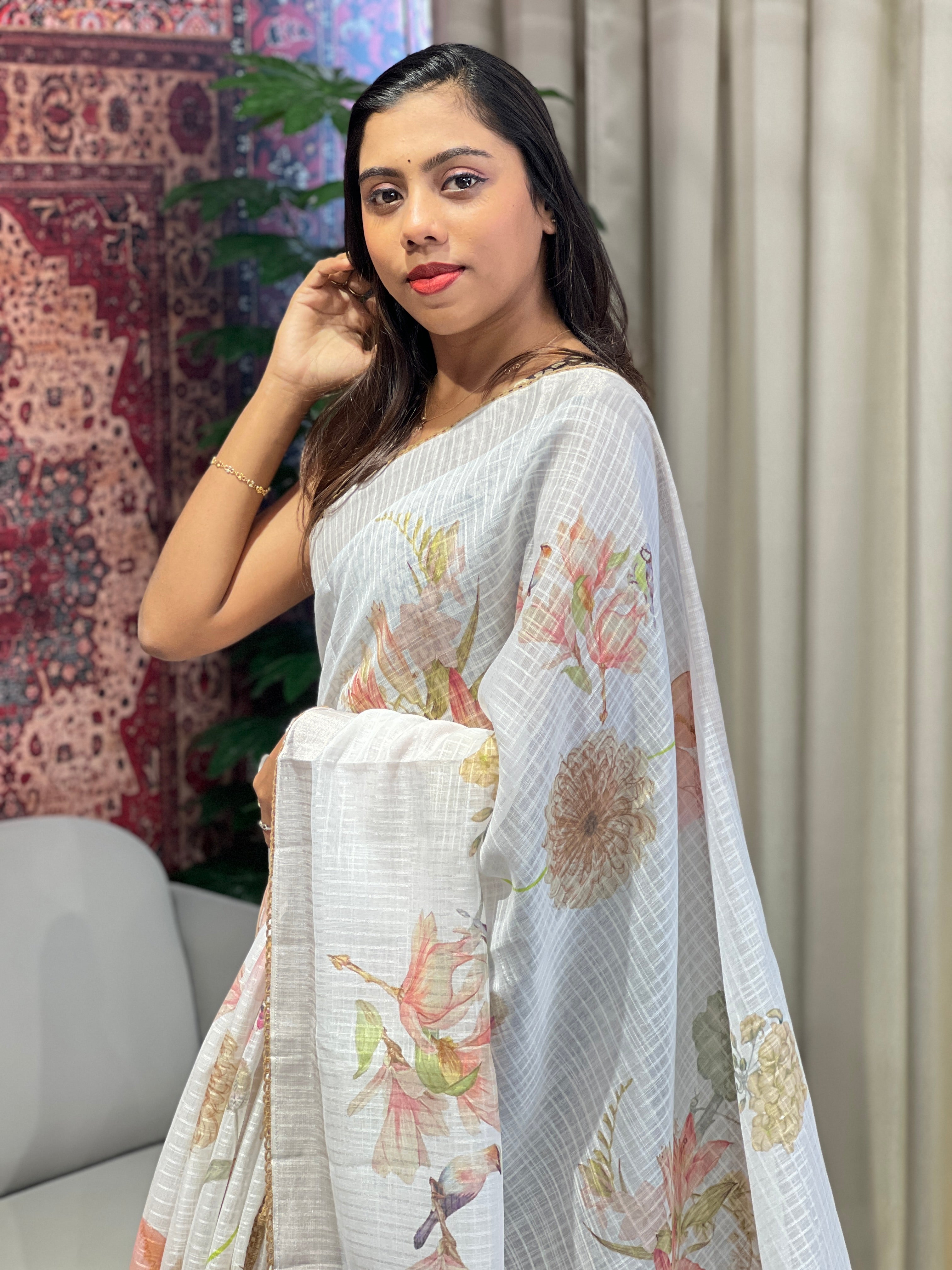 Floral Digital Printed Semi Linen Saree | YNG782