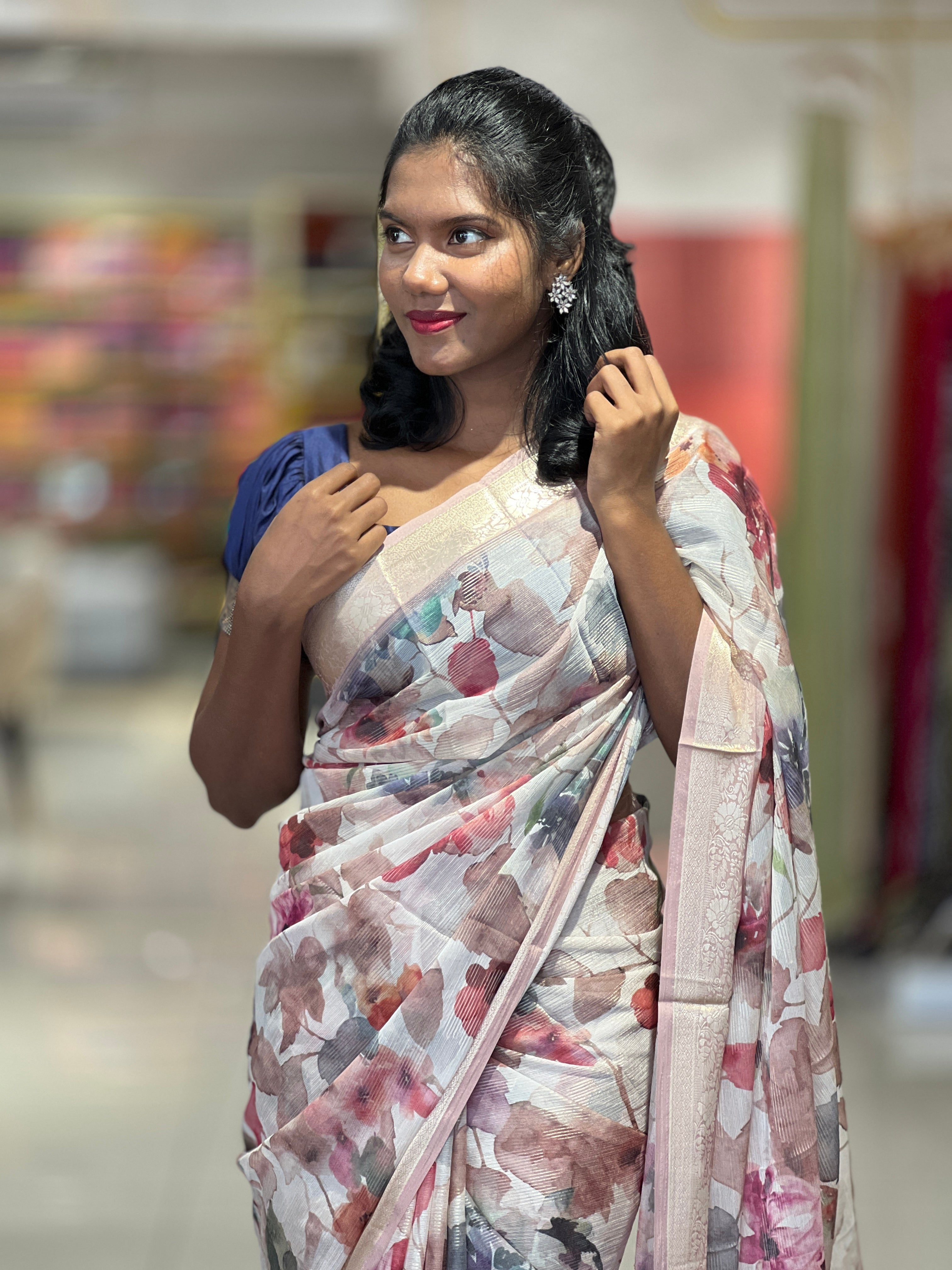 Floral Printed Chinon Saree | SSN121