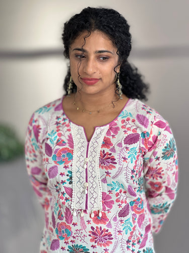 Floral Print With Lace Detailed Flex Cotton Kurta | YOC151