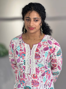 Floral Print With Lace Detailed Flex Cotton Kurta | YOC151