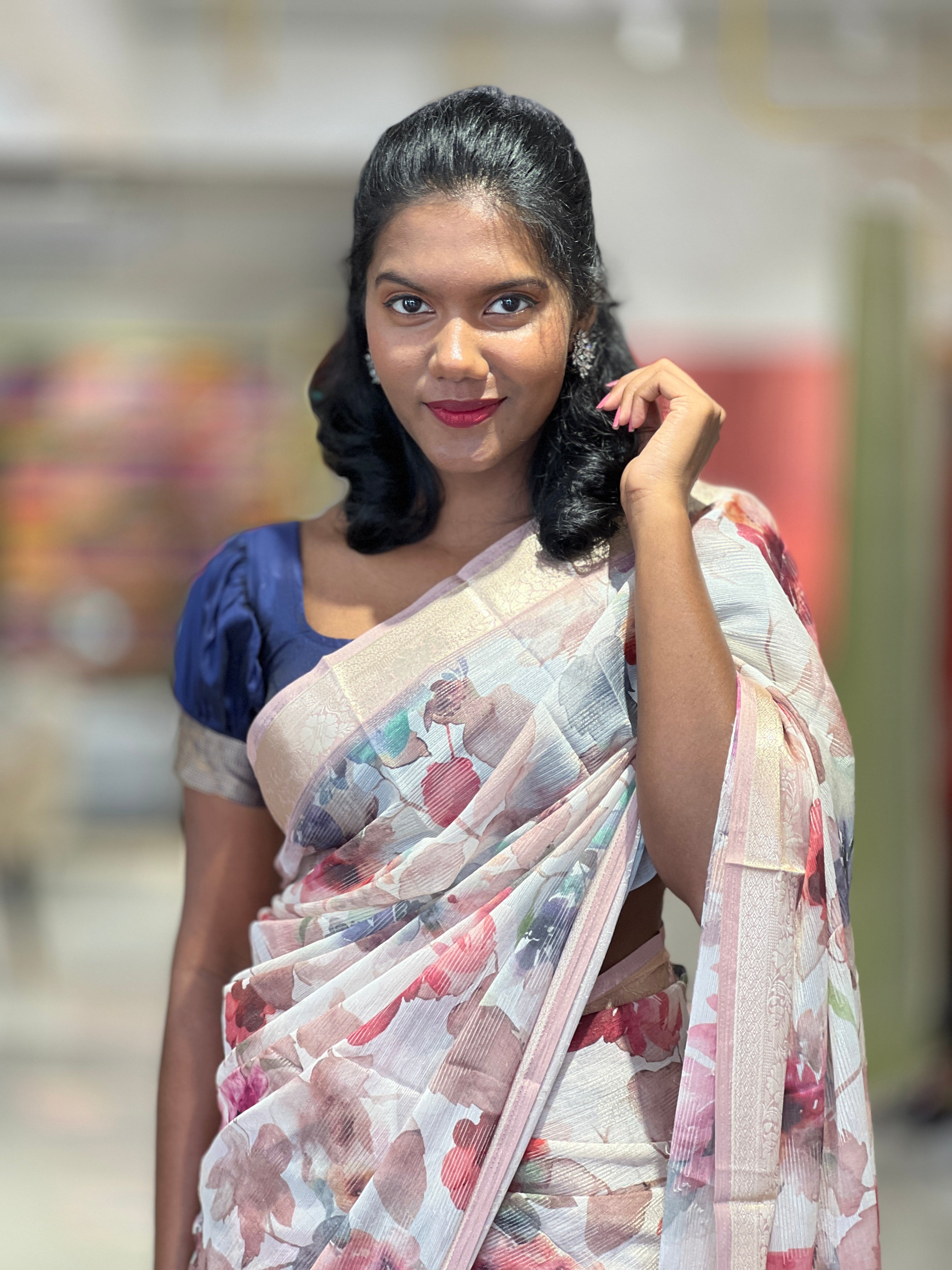 Floral Printed Chinon Saree | SSN121