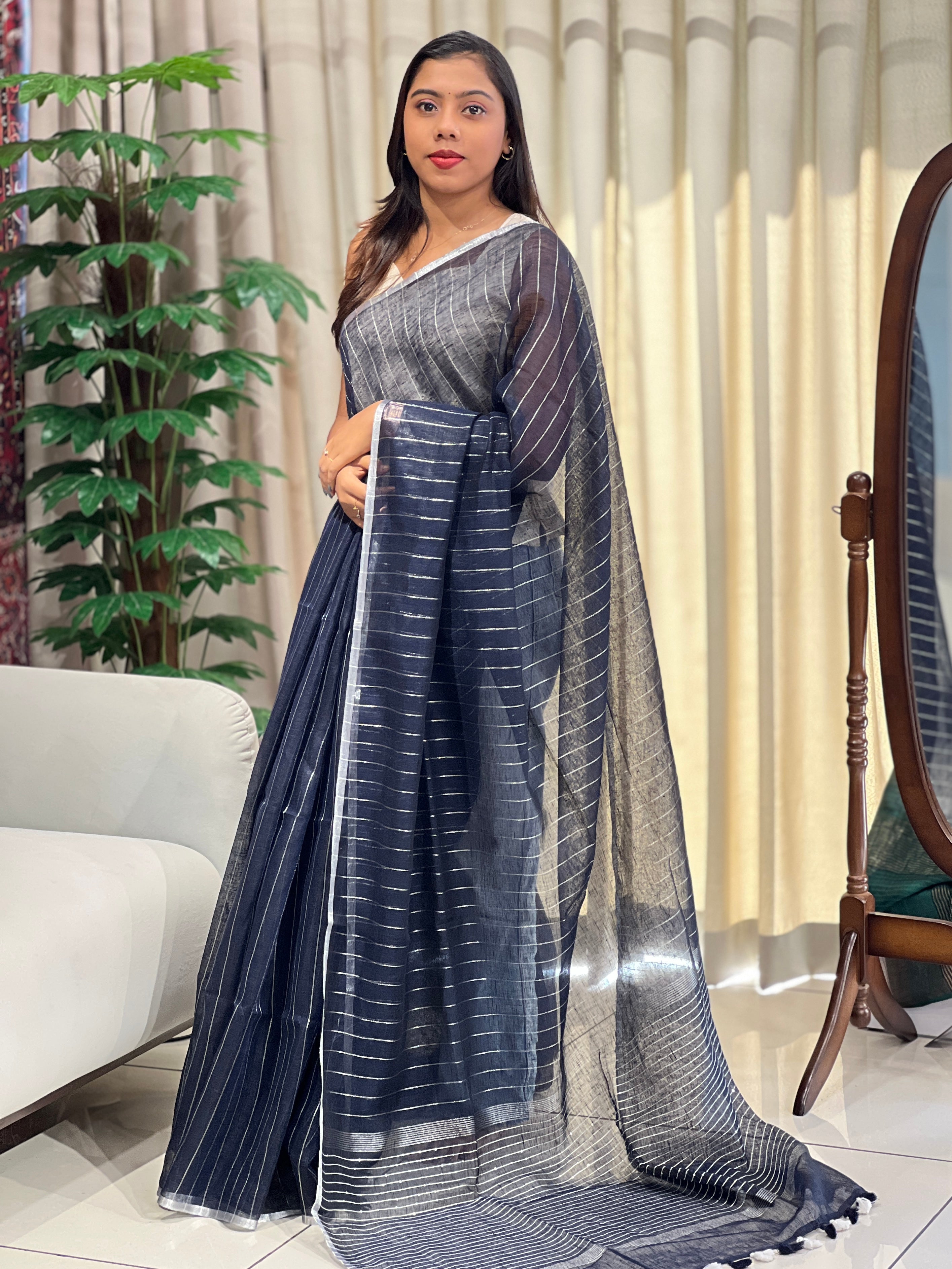 Silver Zari Woven Stripe Patterned Semi Linen Saree | EVA117