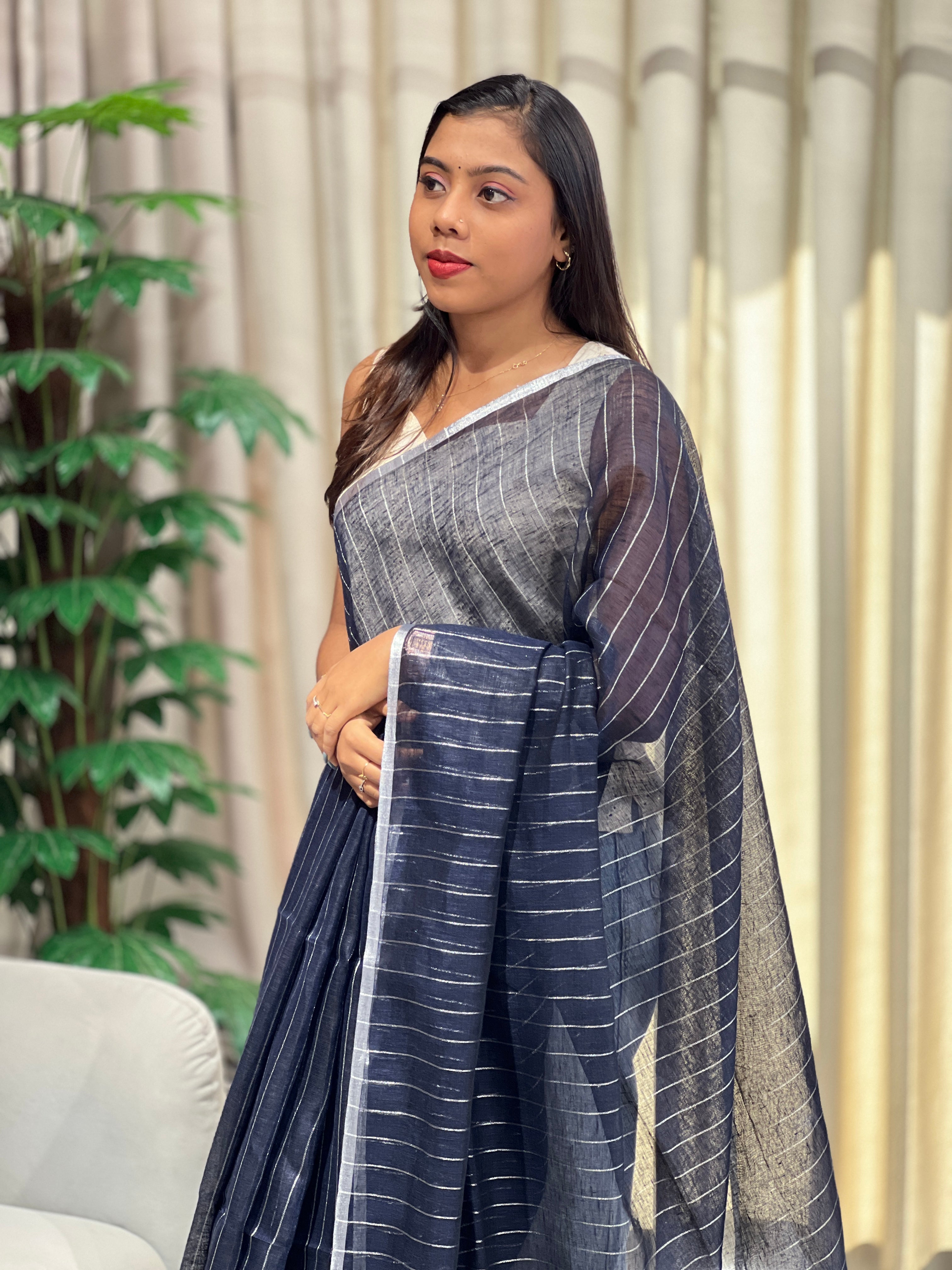 Silver Zari Woven Stripe Patterned Semi Linen Saree | EVA117