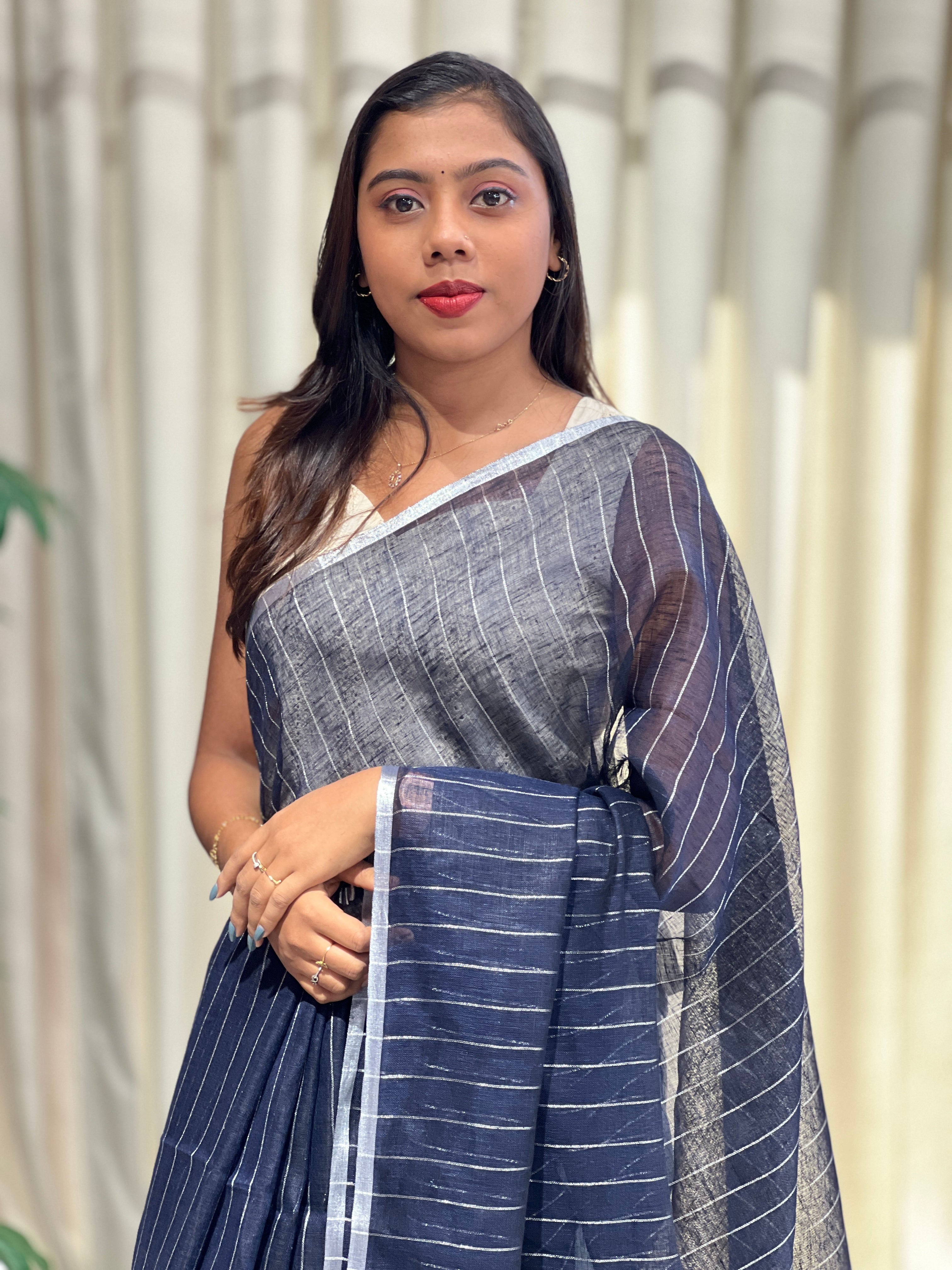 Silver Zari Woven Stripe Patterned Semi Linen Saree | EVA117