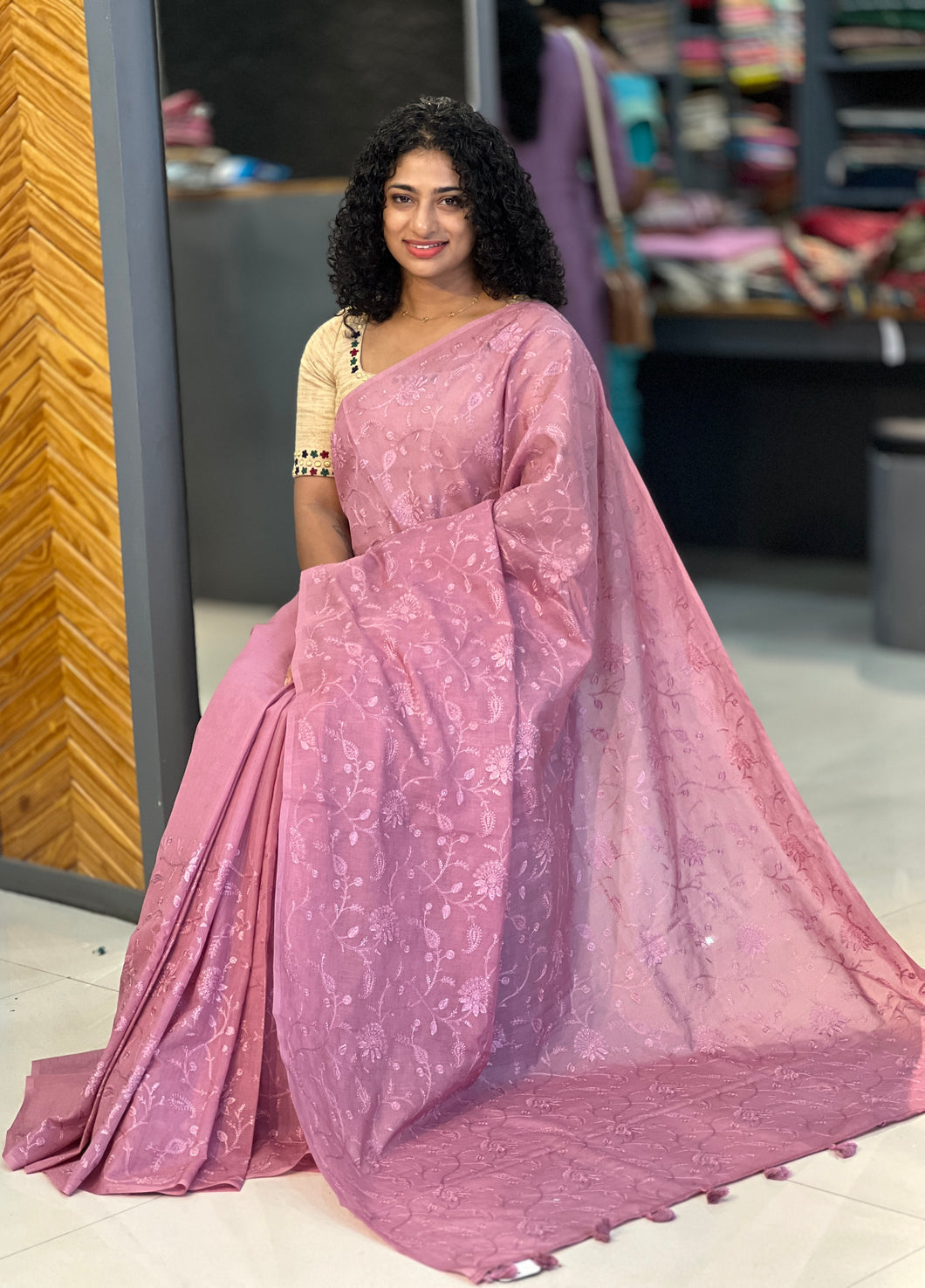 Self Colour Floral Embroidery Chanderi Saree | YNG354