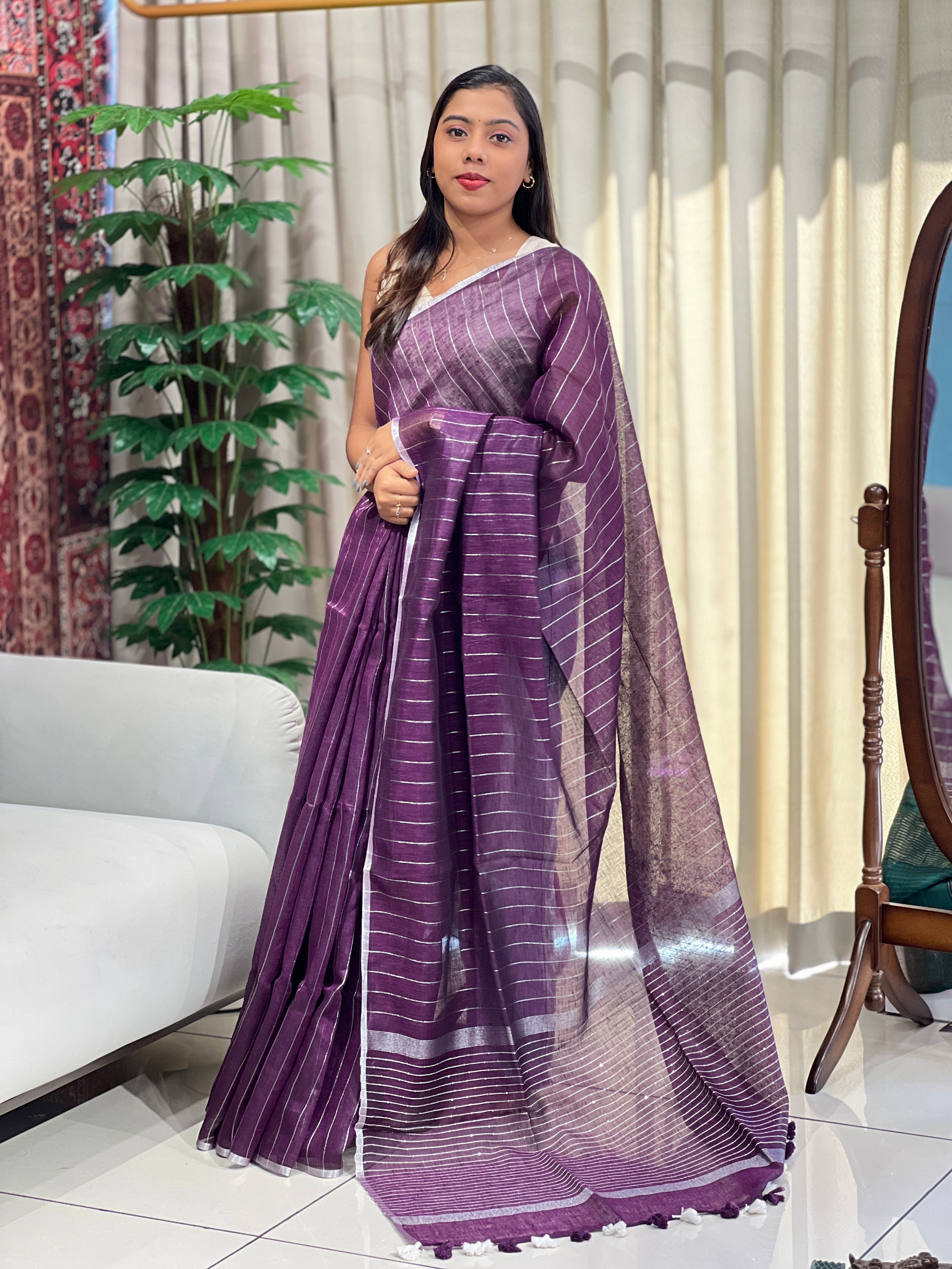 Silver Zari Woven Stripe Patterned Semi Linen Saree | EVA118