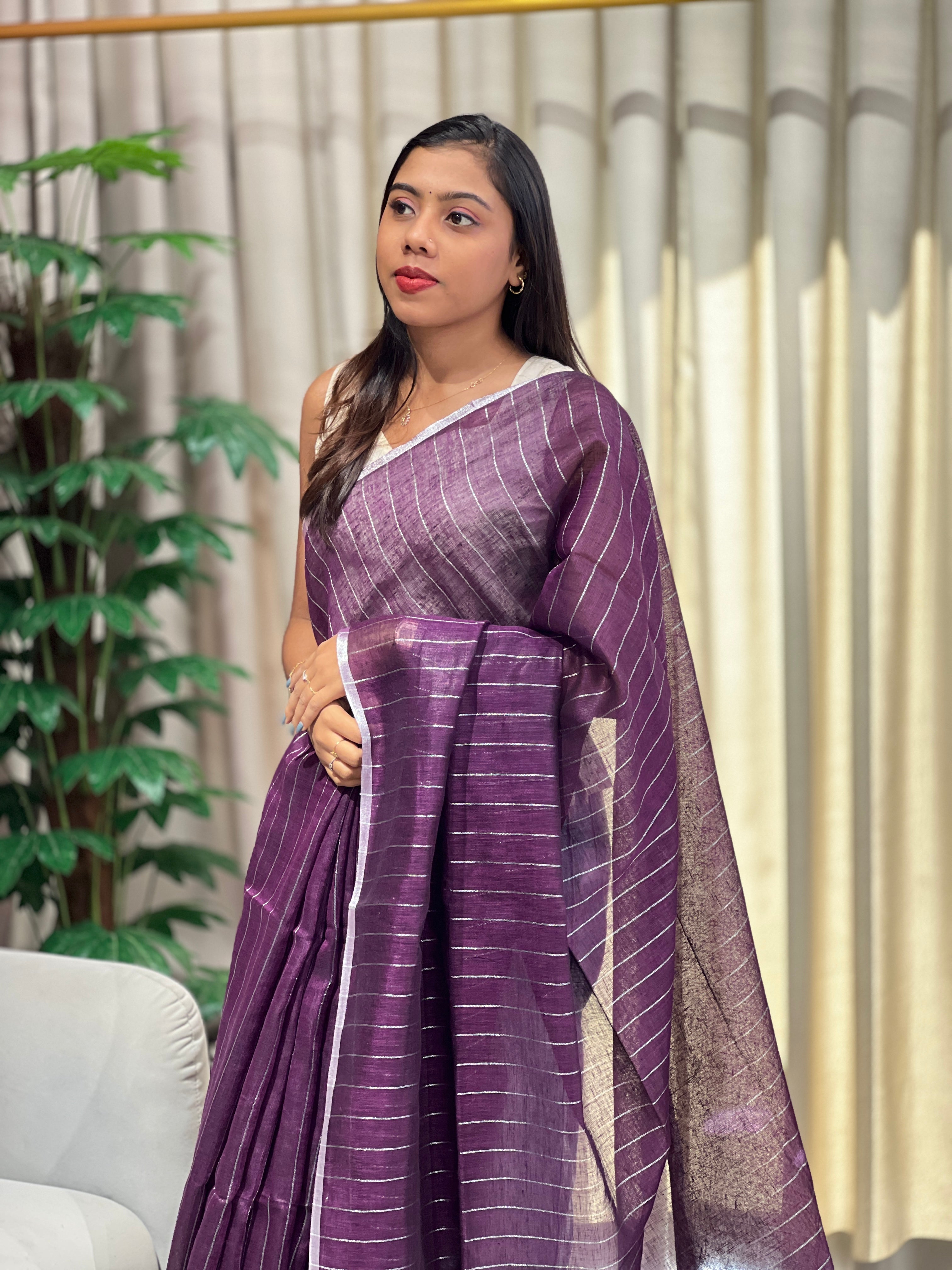 Silver Zari Woven Stripe Patterned Semi Linen Saree | EVA118