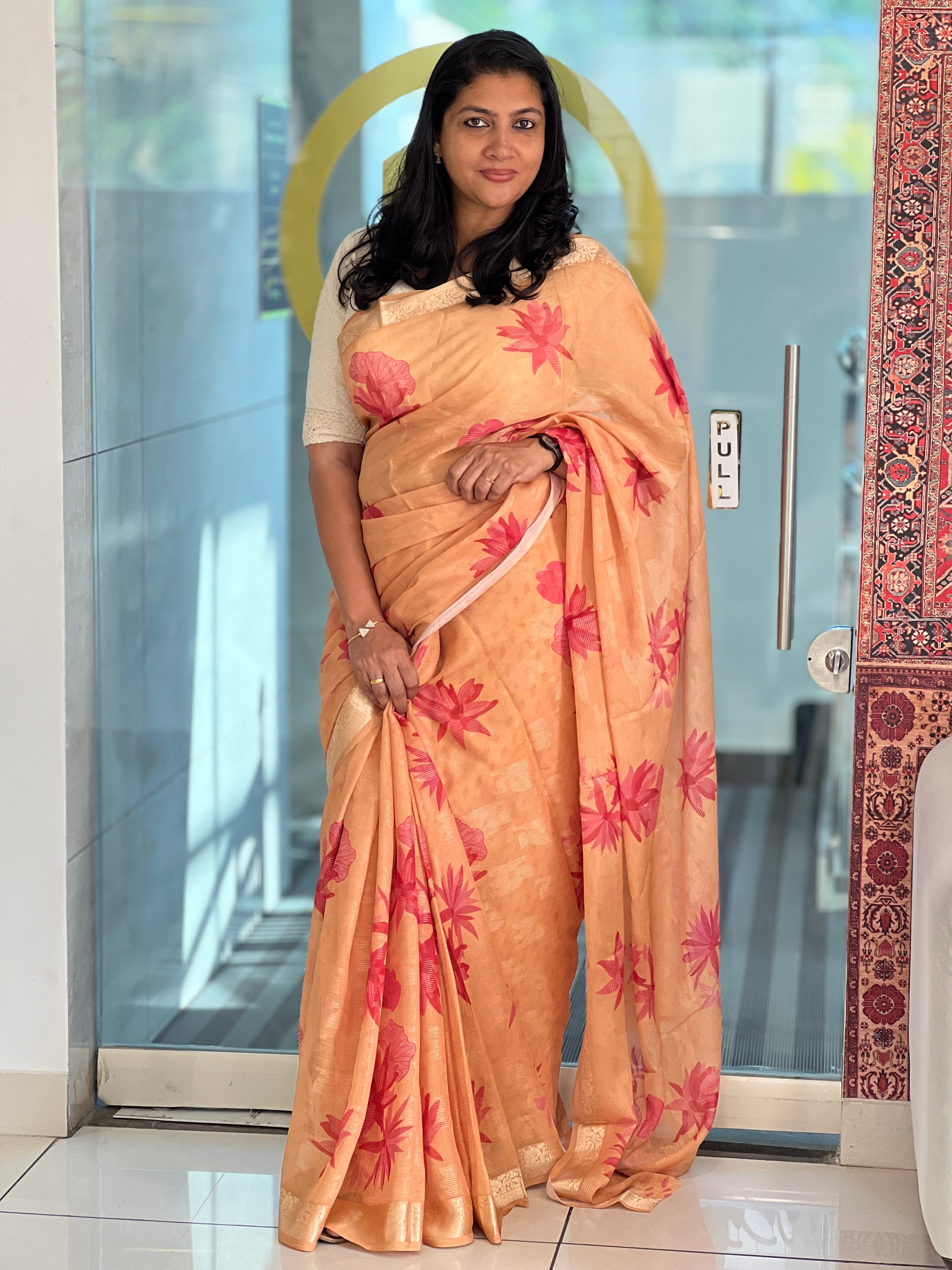 Floral Print With Banarasi Border Detailed Chinon Saree | SSN120