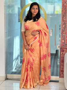 Floral Print With Banarasi Border Detailed Chinon Saree | SSN120