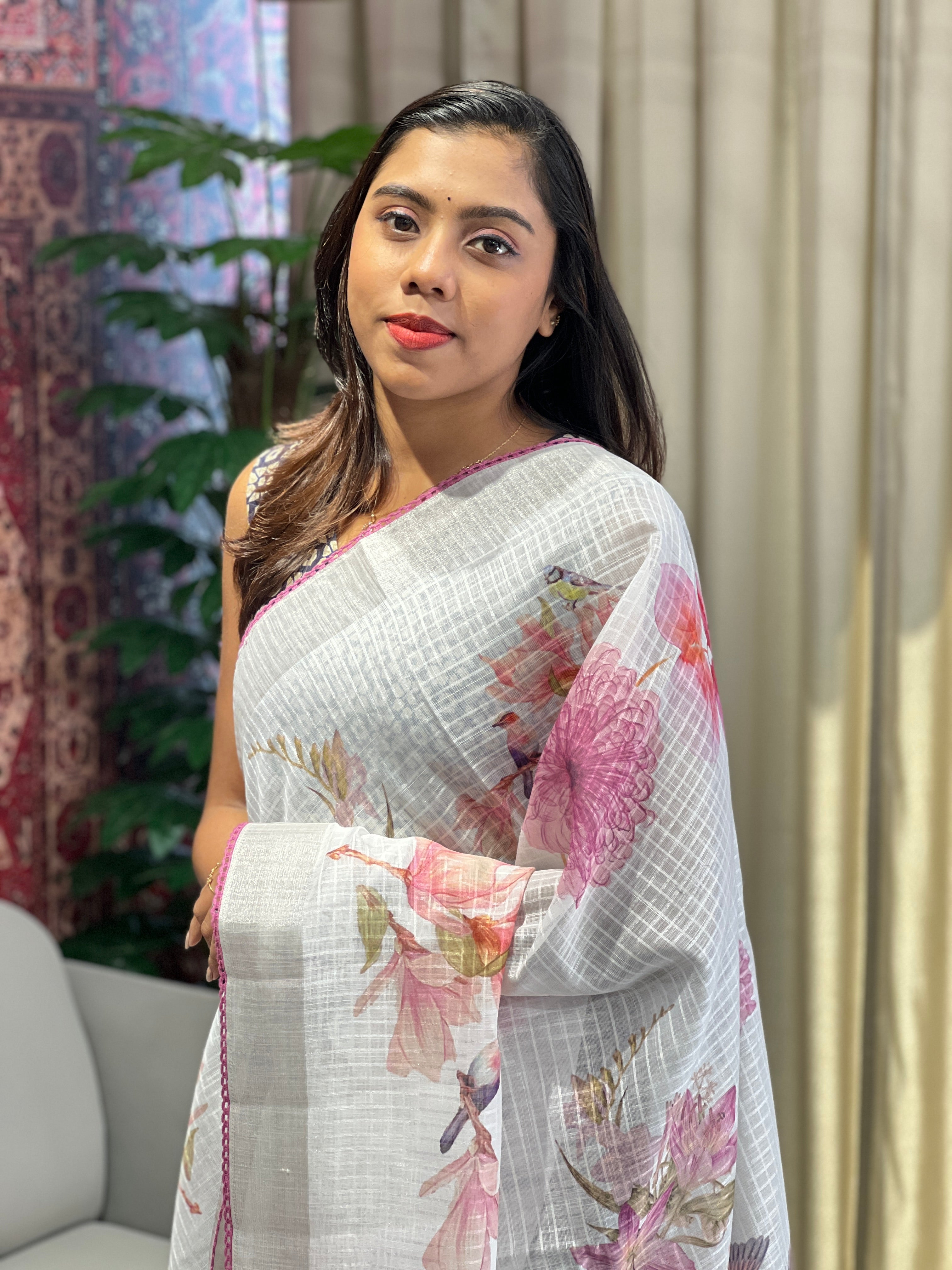 Floral Digital Printed Semi Linen Saree | YNG781