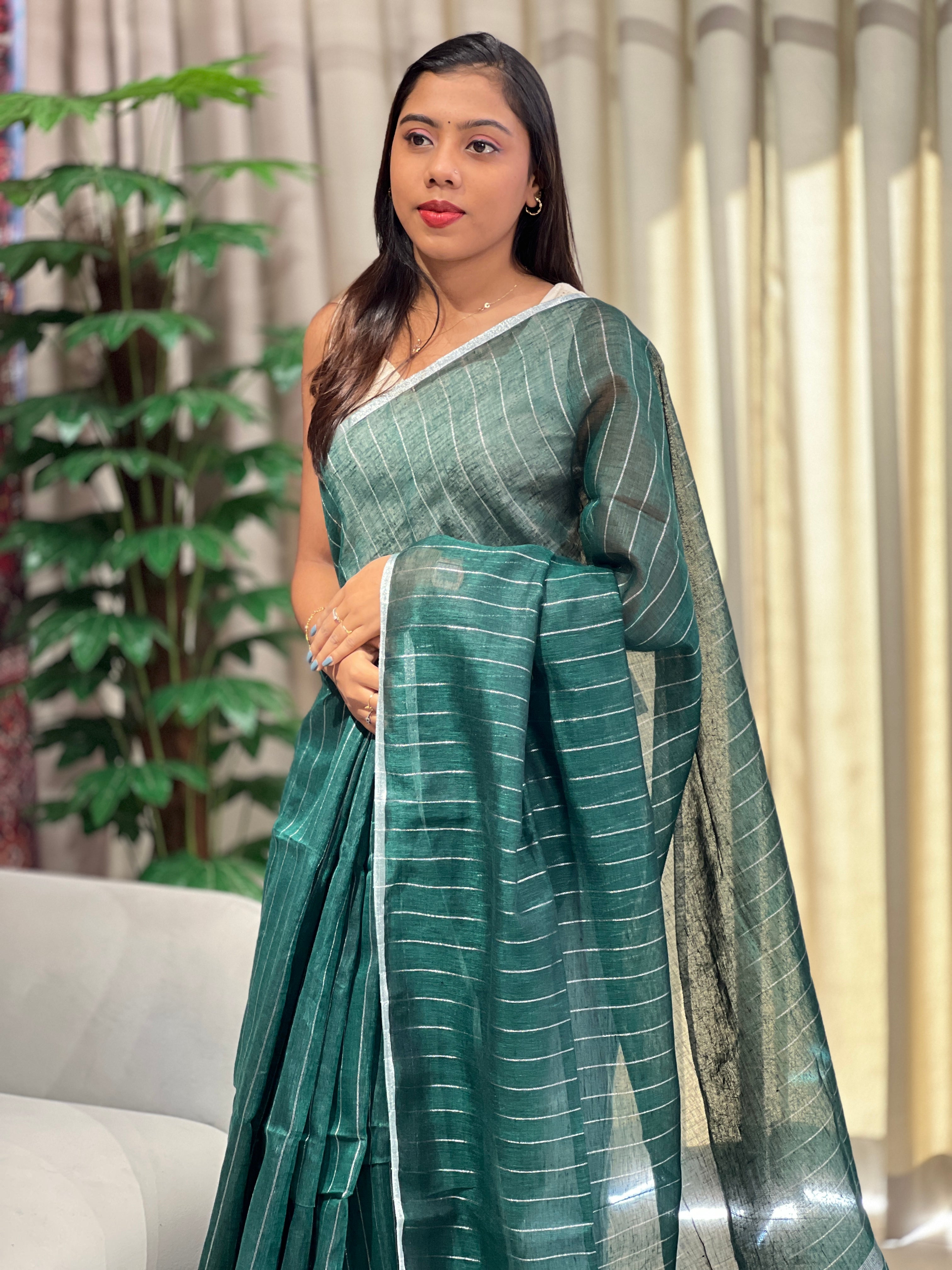 Silver Zari Woven Stripe Patterned Semi Linen Saree | EVA121