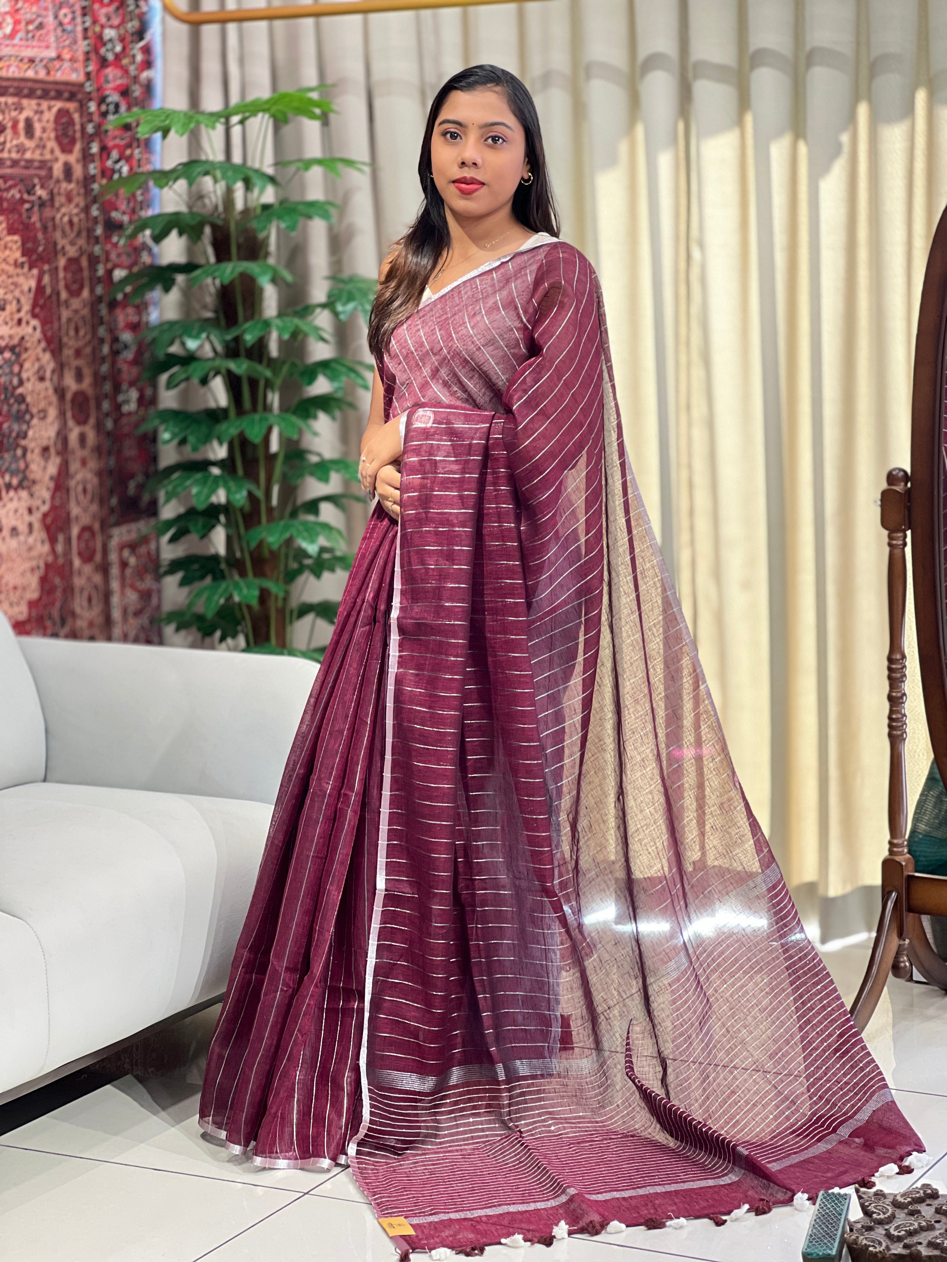 Silver Zari Woven Stripe Patterned Semi Linen Saree | EVA122
