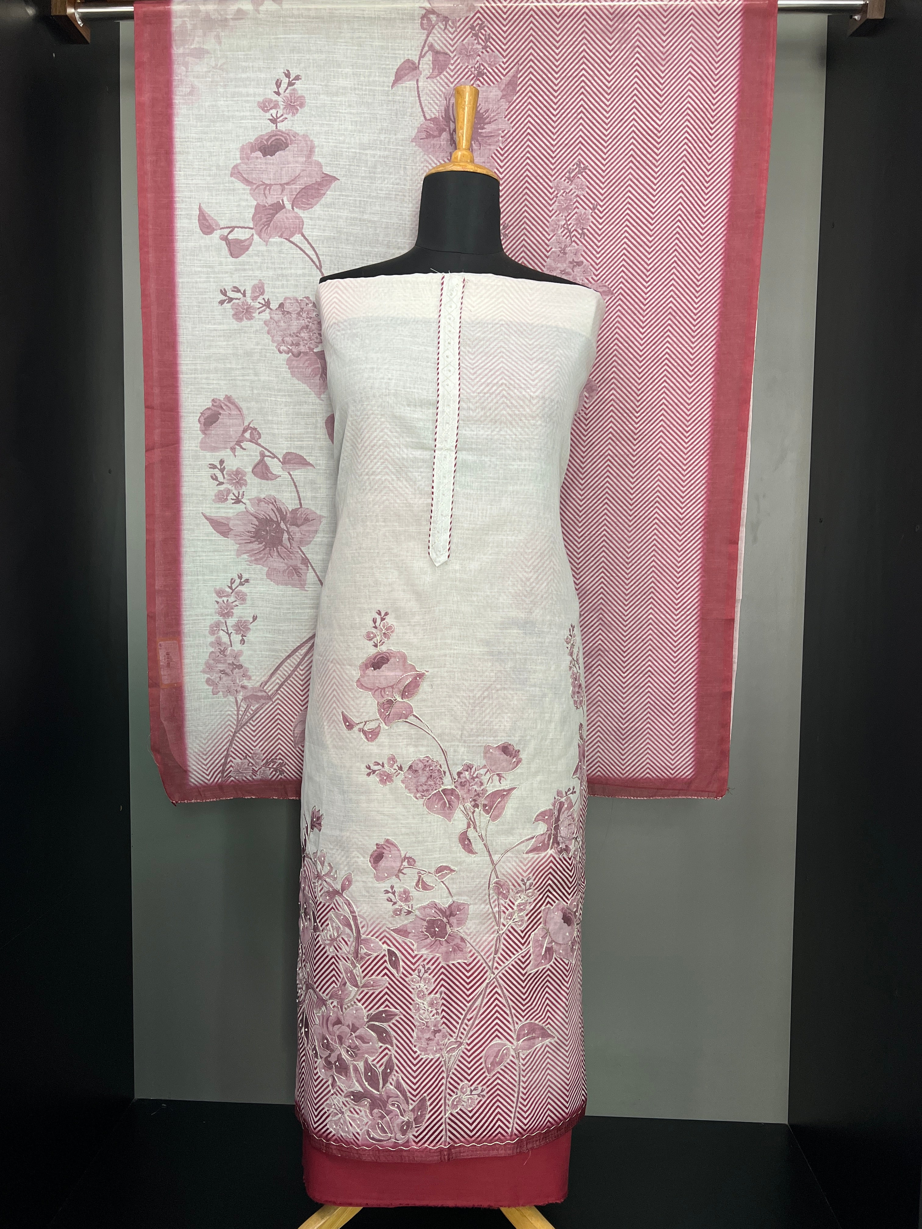 Floral and Zig Zag Print Patterned Linen Salwar Set | SW2255