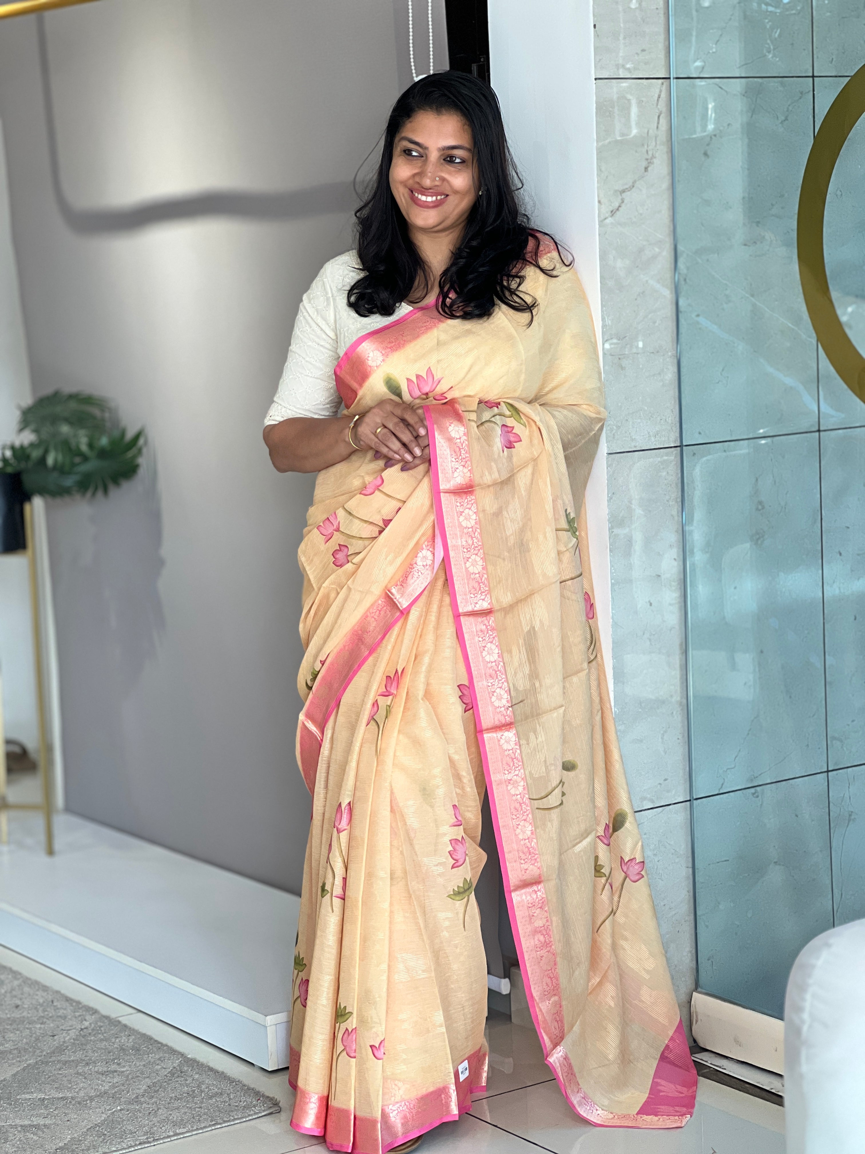 Floral Print With Banarasi Border Detailed Chinon Saree | SSN118