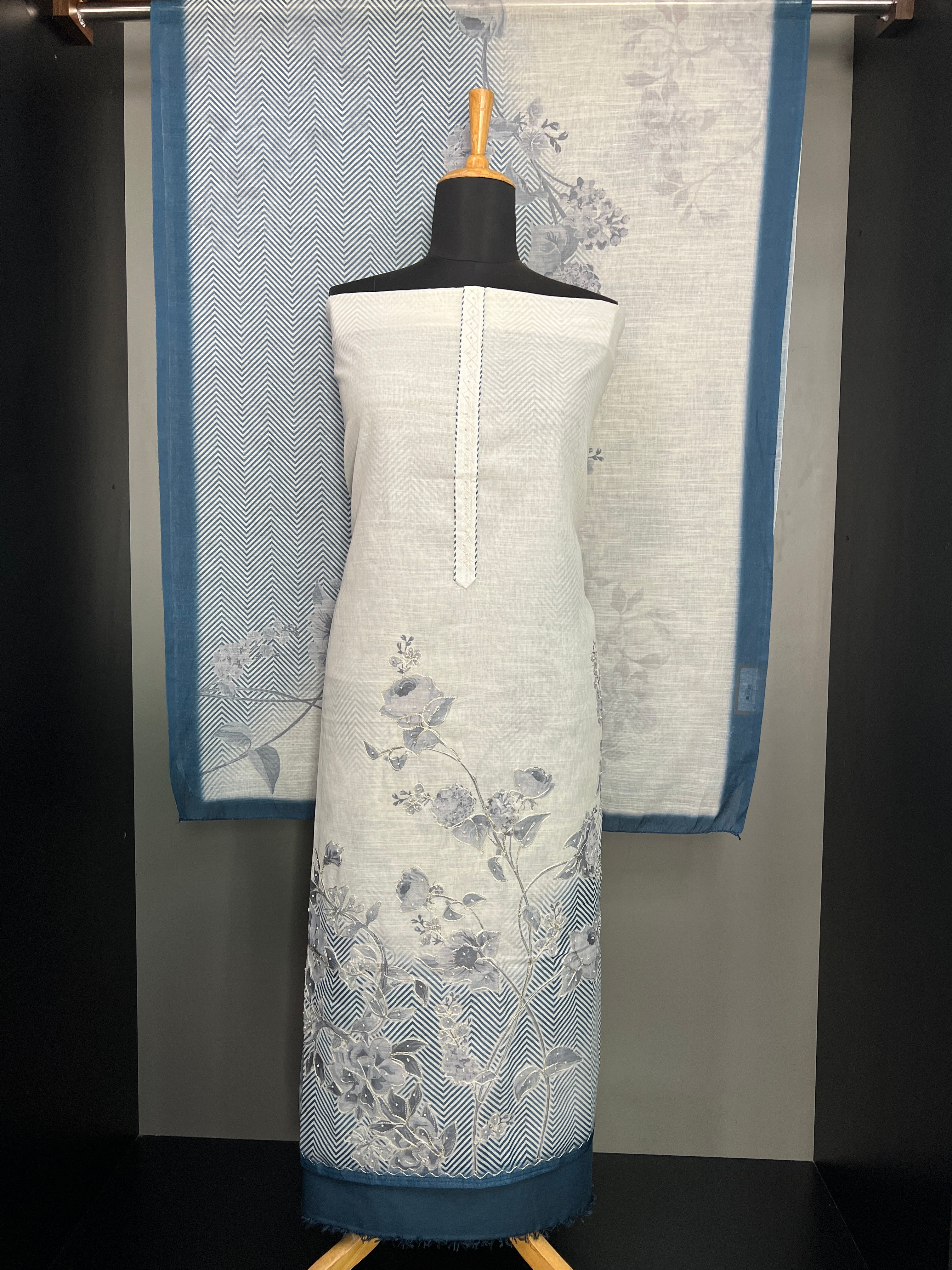 Floral and Zig Zag Print Patterned Linen Salwar Set | SW2253