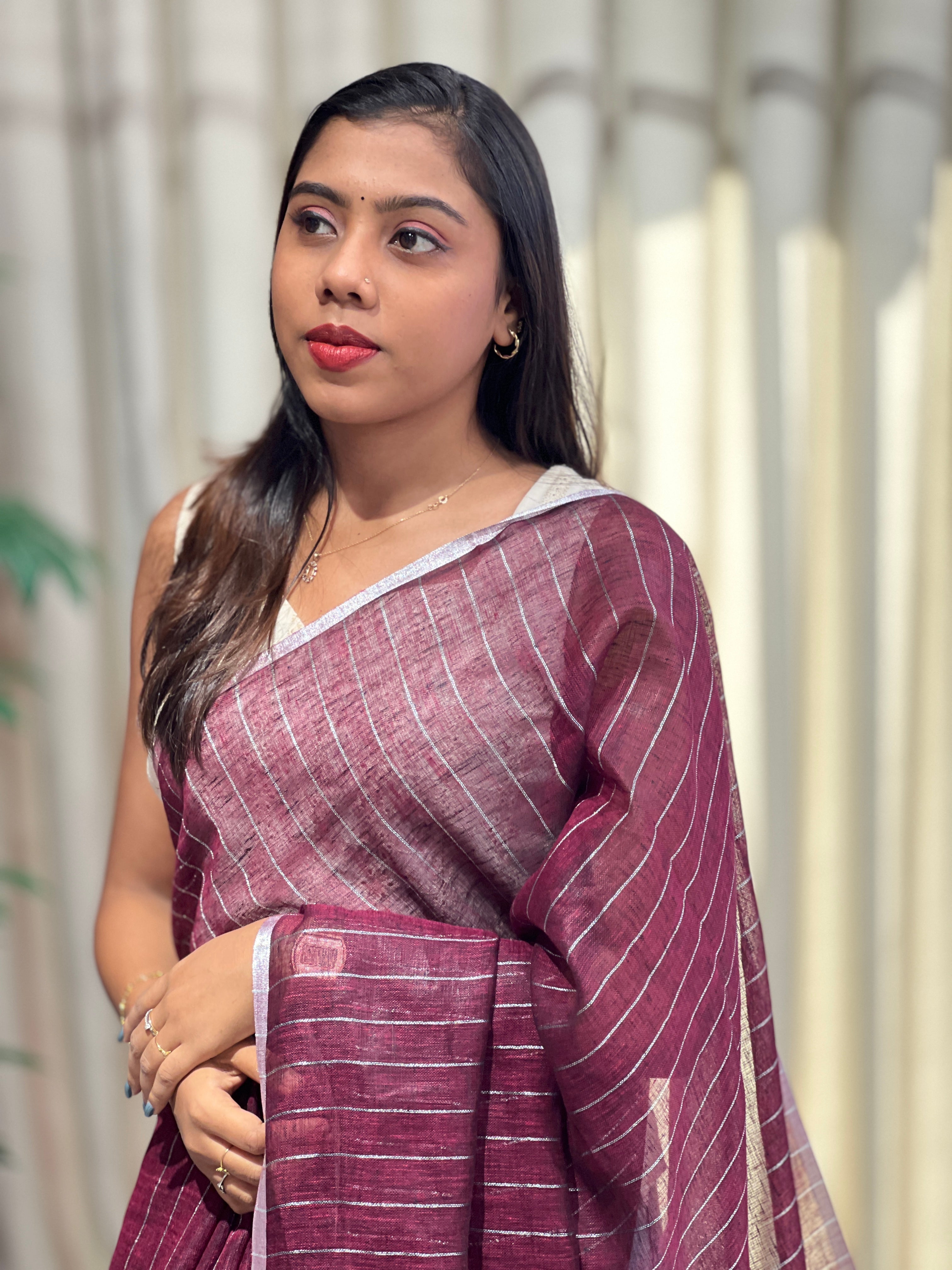 Silver Zari Woven Stripe Patterned Semi Linen Saree | EVA122