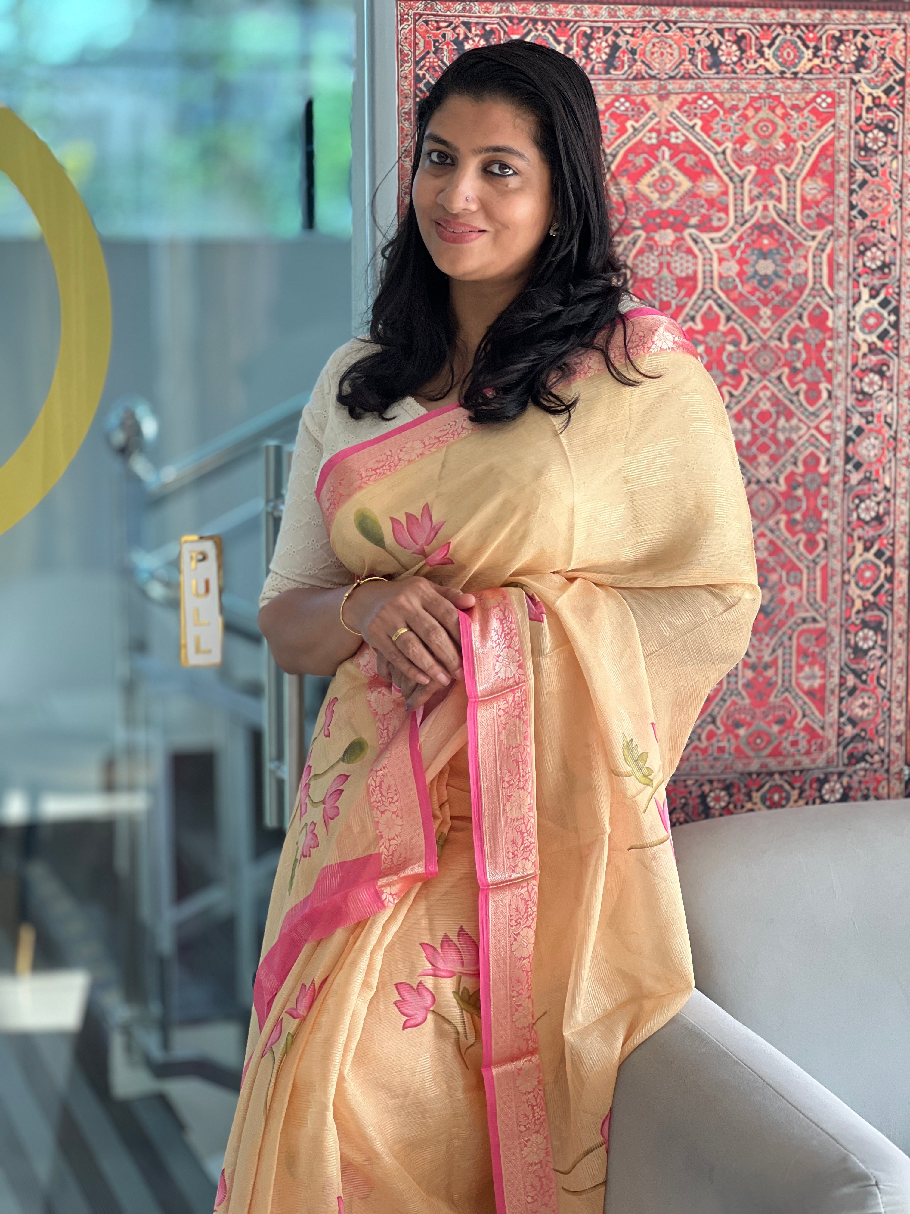 Floral Print With Banarasi Border Detailed Chinon Saree | SSN118