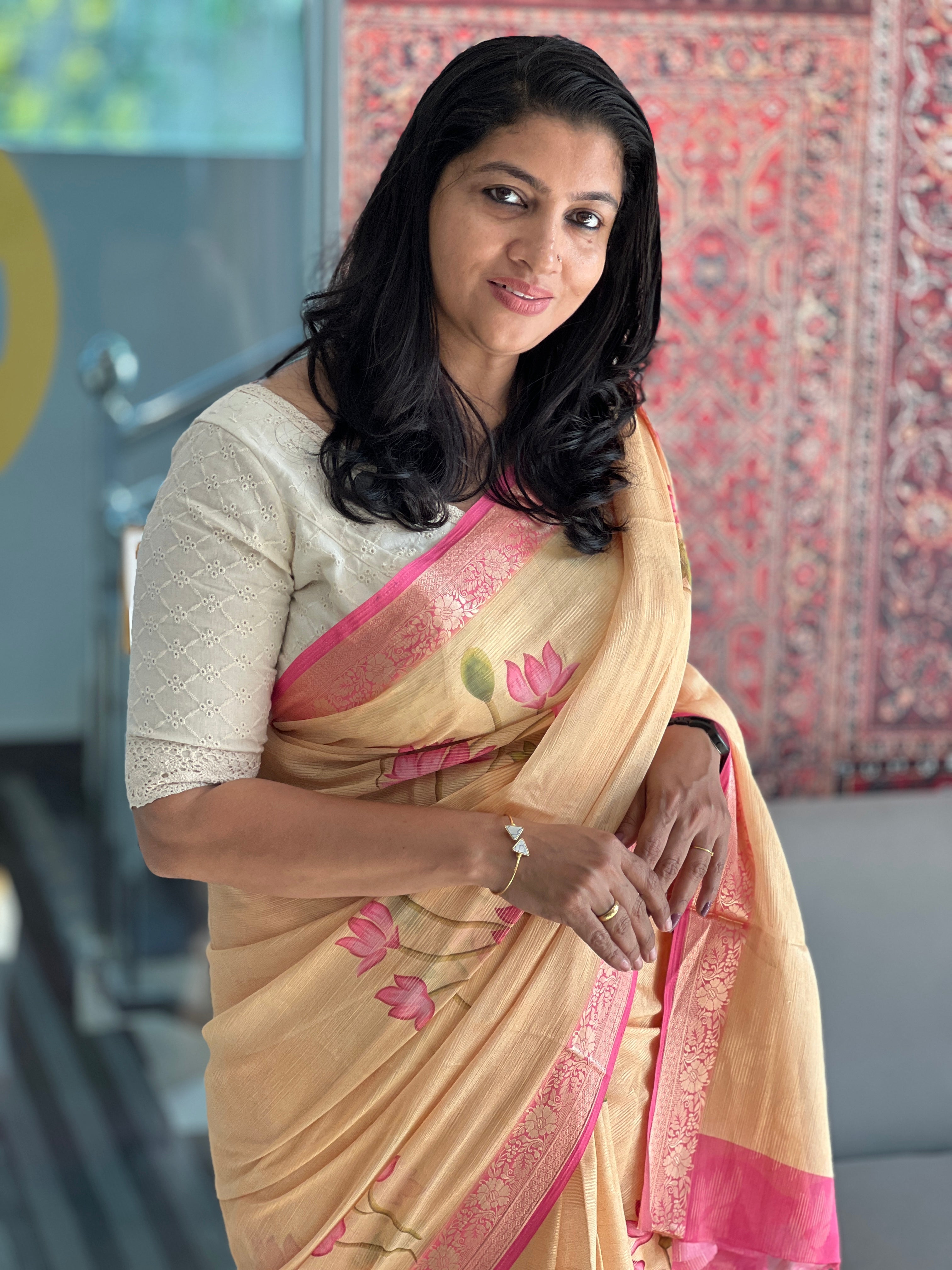 Floral Print With Banarasi Border Detailed Chinon Saree | SSN118