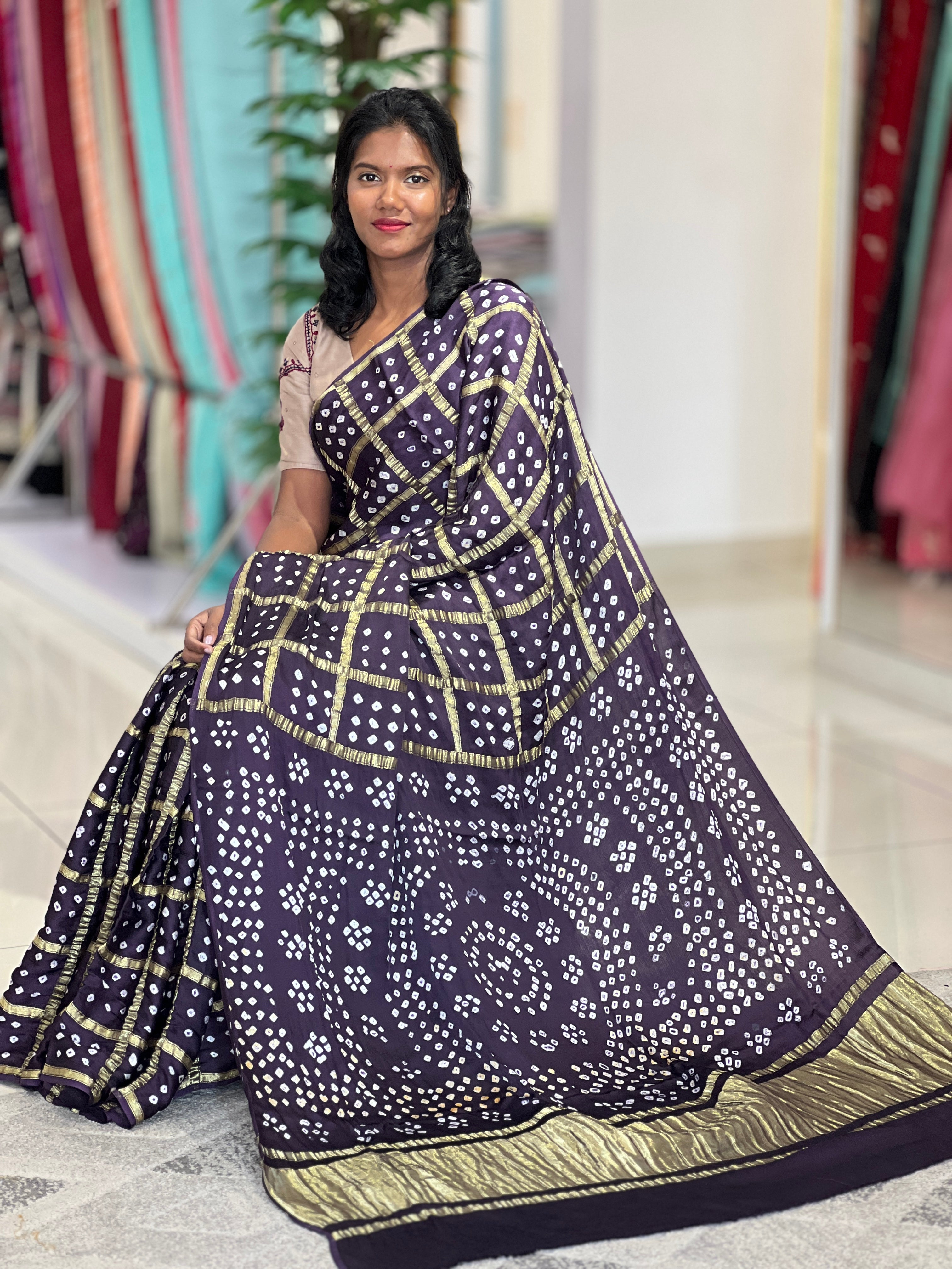 Gaji 5 Patti Check Pattern Bandhini Saree | SAC180