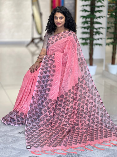 Semi Tussar Saree With Block Printed Borders | PF975