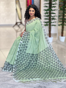 Block Printed Border Detailed Semi Georgette Saree | PF977
