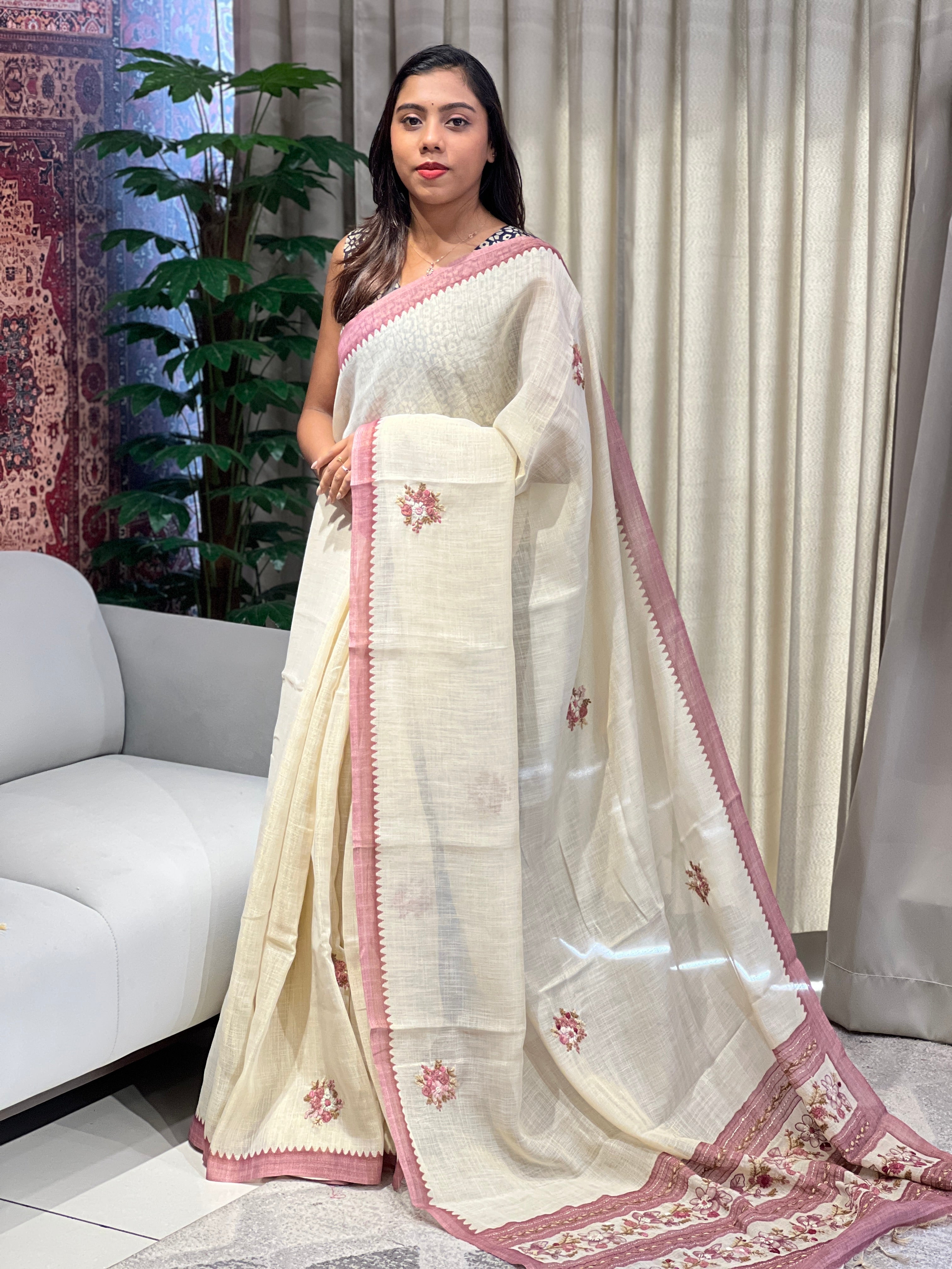 Digital Print With Embroidery Detailed Linen Saree | YNG869