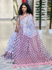 Block Printed Border Detailed Semi Georgette Saree | PF982