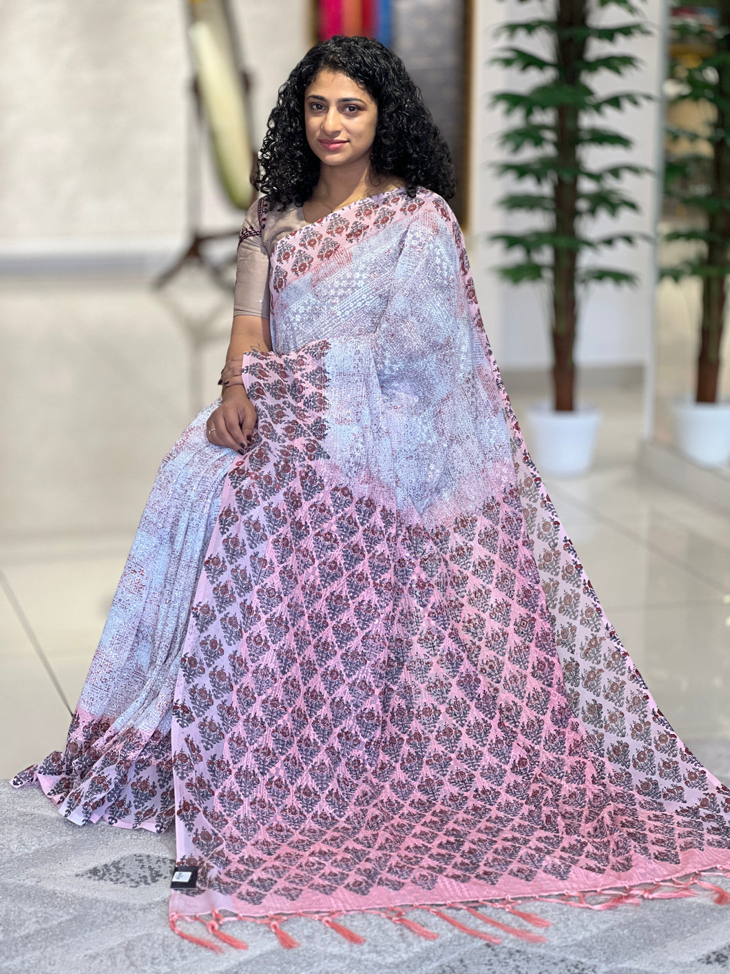 Block Printed Border Detailed Semi Georgette Saree | PF982