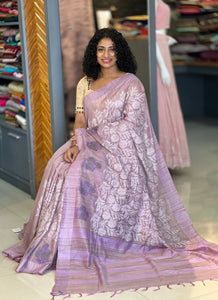 White Thread Embroidery Bhagalpuri Linen Saree | NHH238