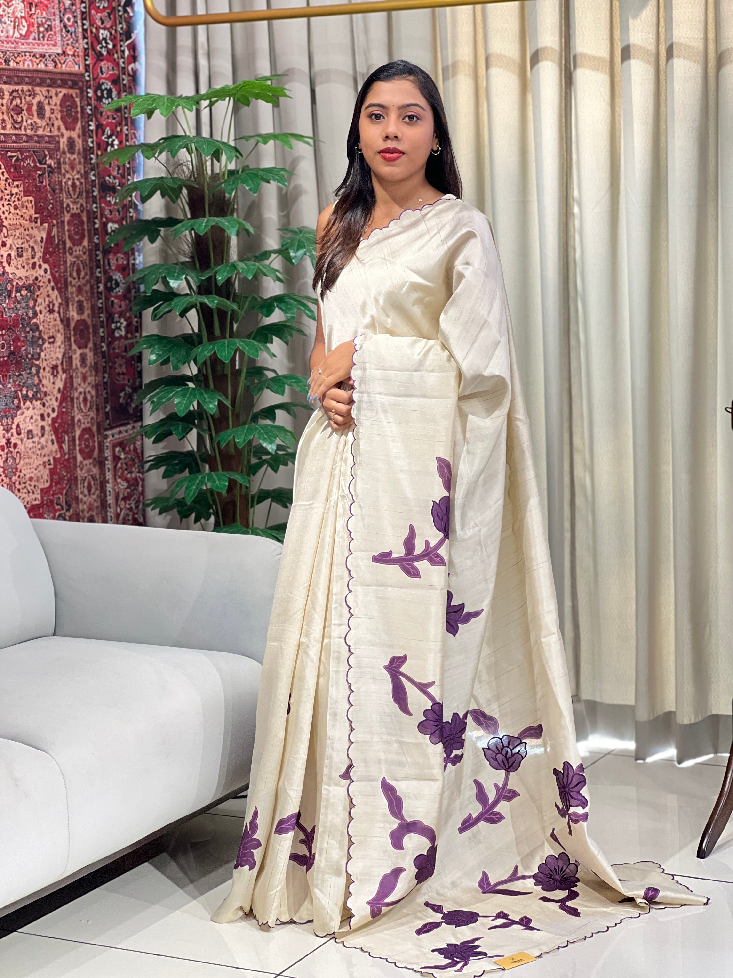 Digital Print With Embroidery Detailed Semi Tussar Saree | HT426