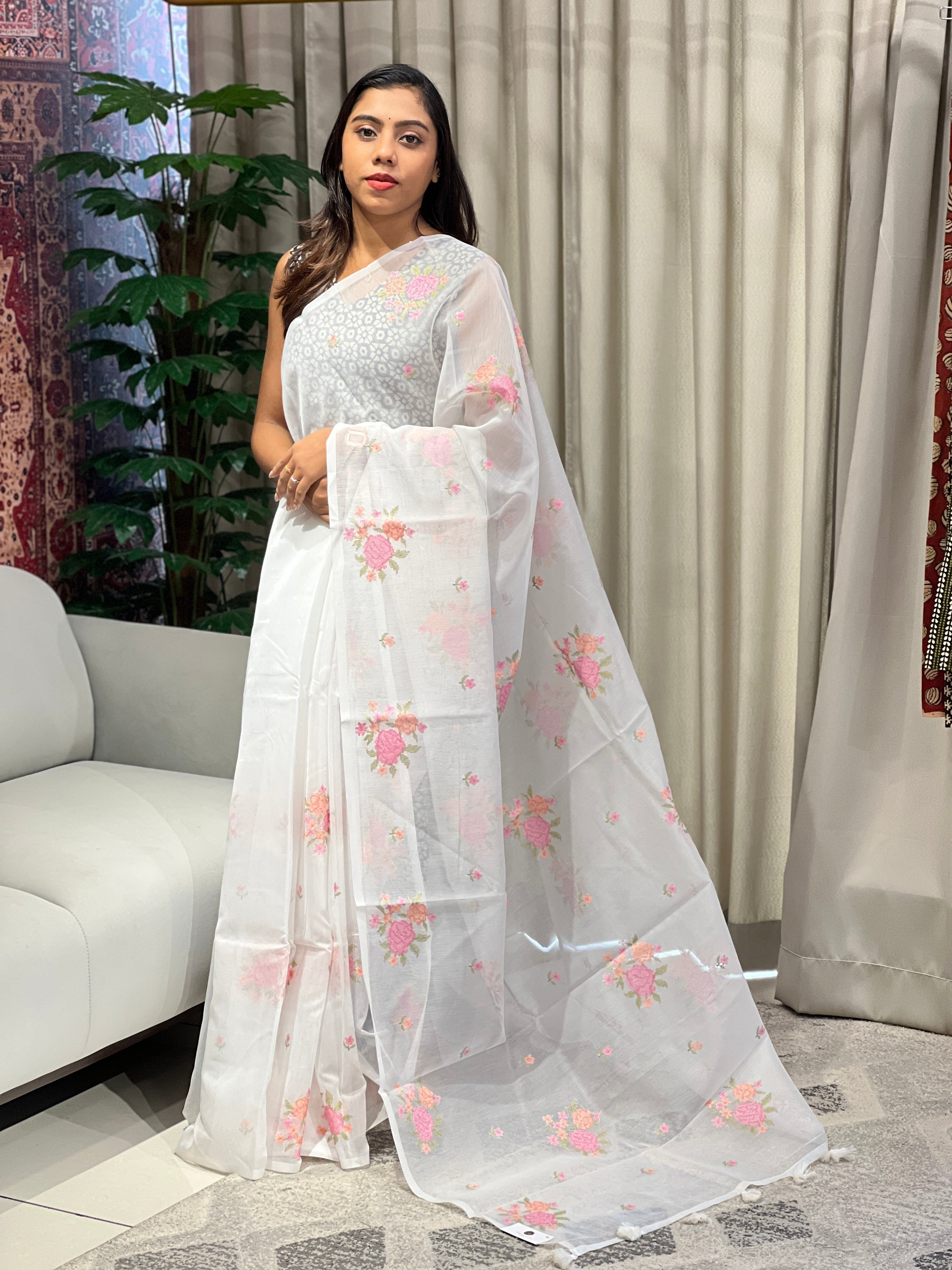 Floral Cross Stitch and Machine Embroidery Supernet Kota Saree | YNG783