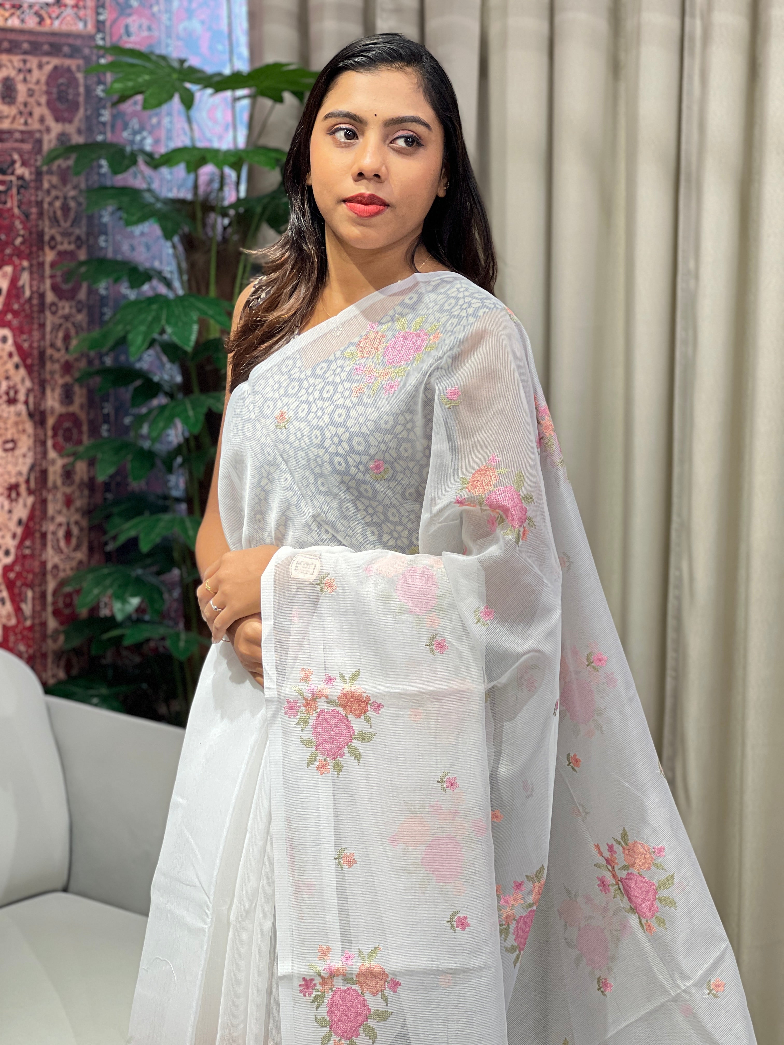 Floral Cross Stitch and Machine Embroidery Supernet Kota Saree | YNG783