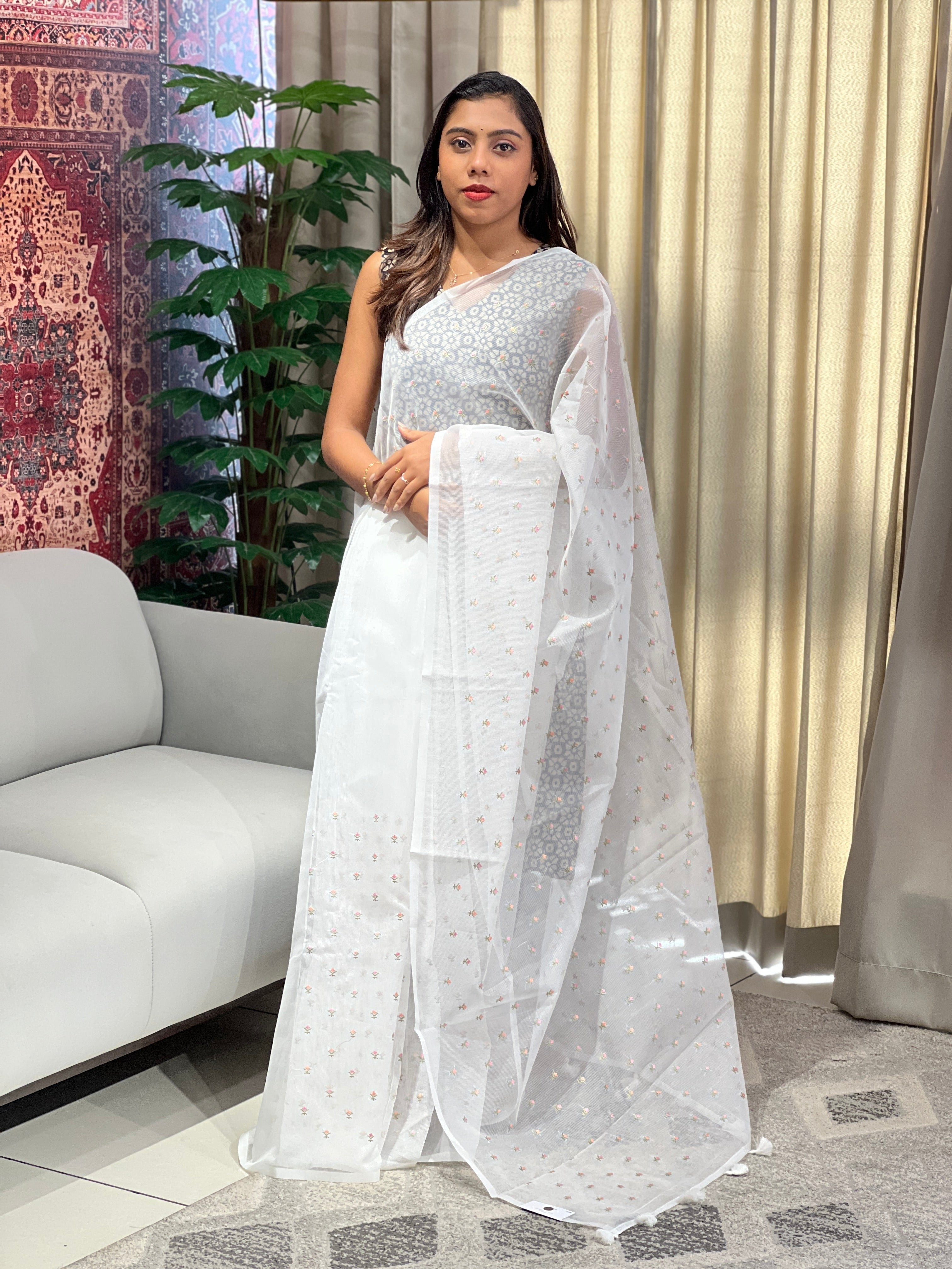 Floral Cross Stitch and Machine Embroidery Supernet Kota Saree | YNG784