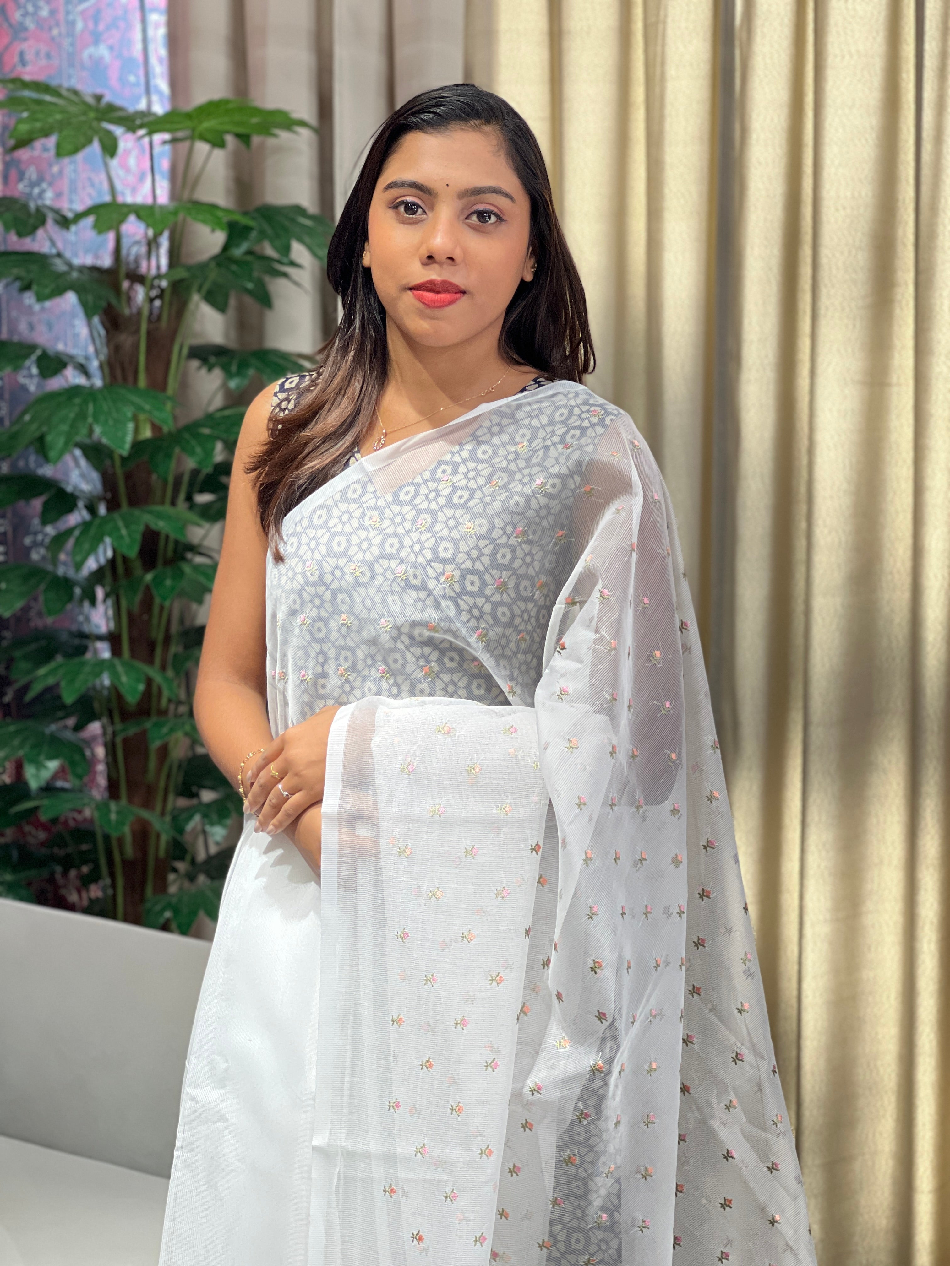 Floral Cross Stitch and Machine Embroidery Supernet Kota Saree | YNG784