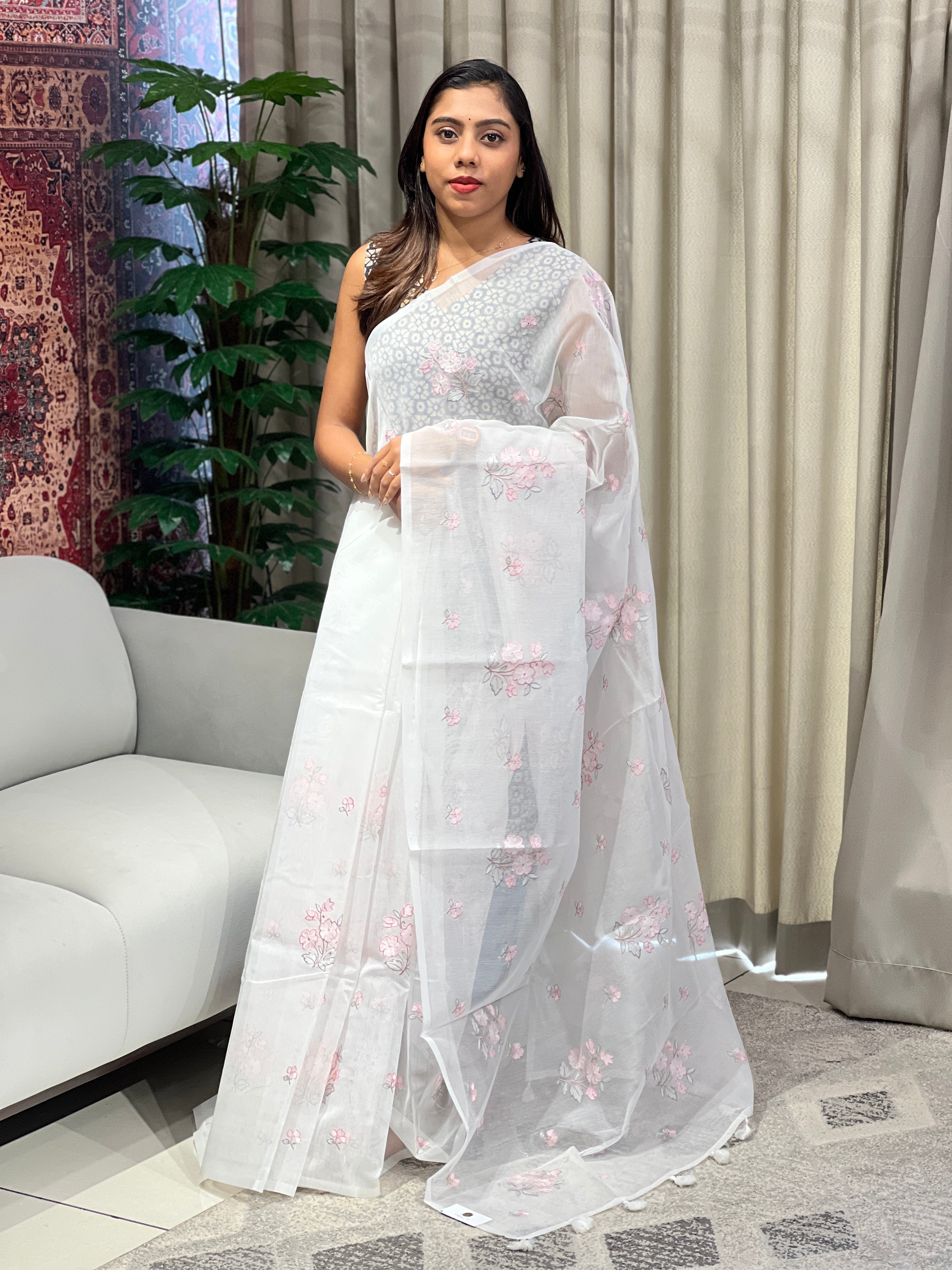 Floral Cross Stitch and Machine Embroidery Supernet Kota Saree | YNG919