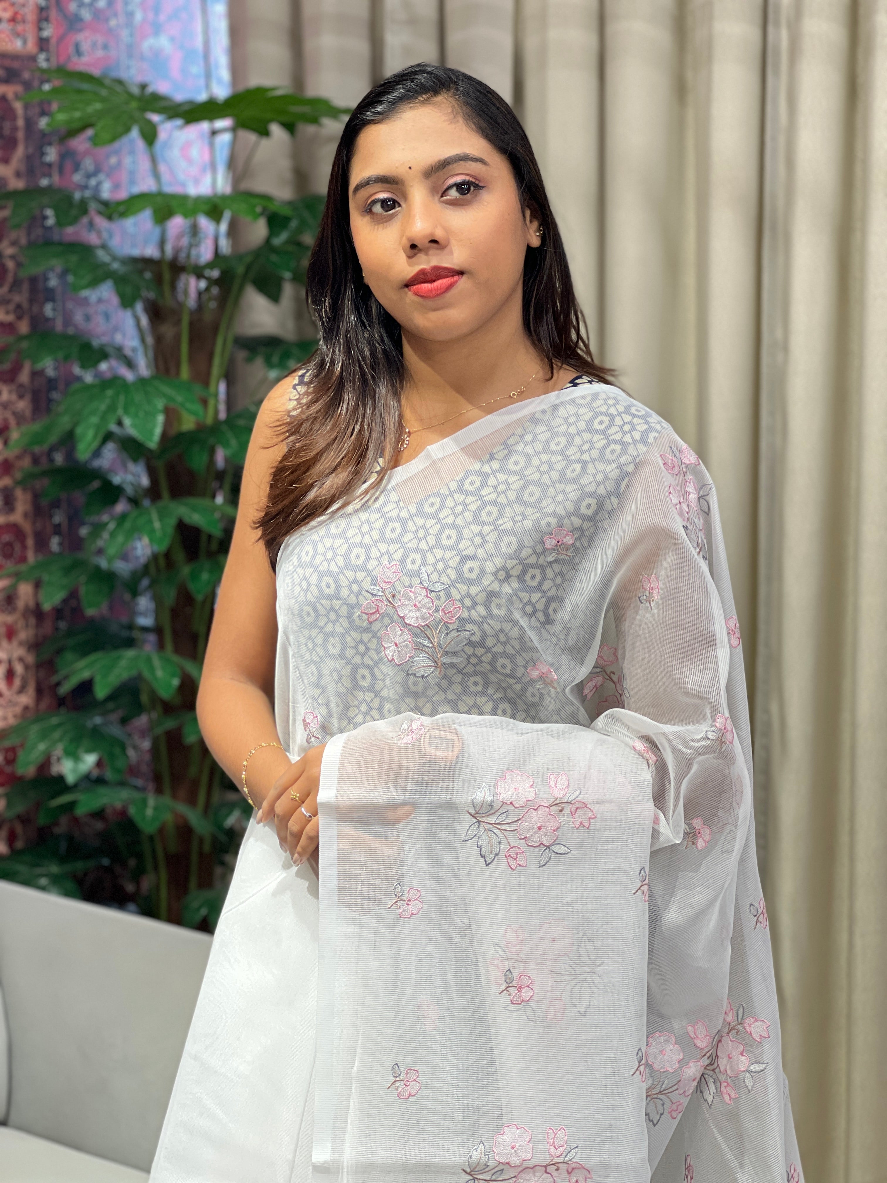 Floral Cross Stitch and Machine Embroidery Supernet Kota Saree | YNG919