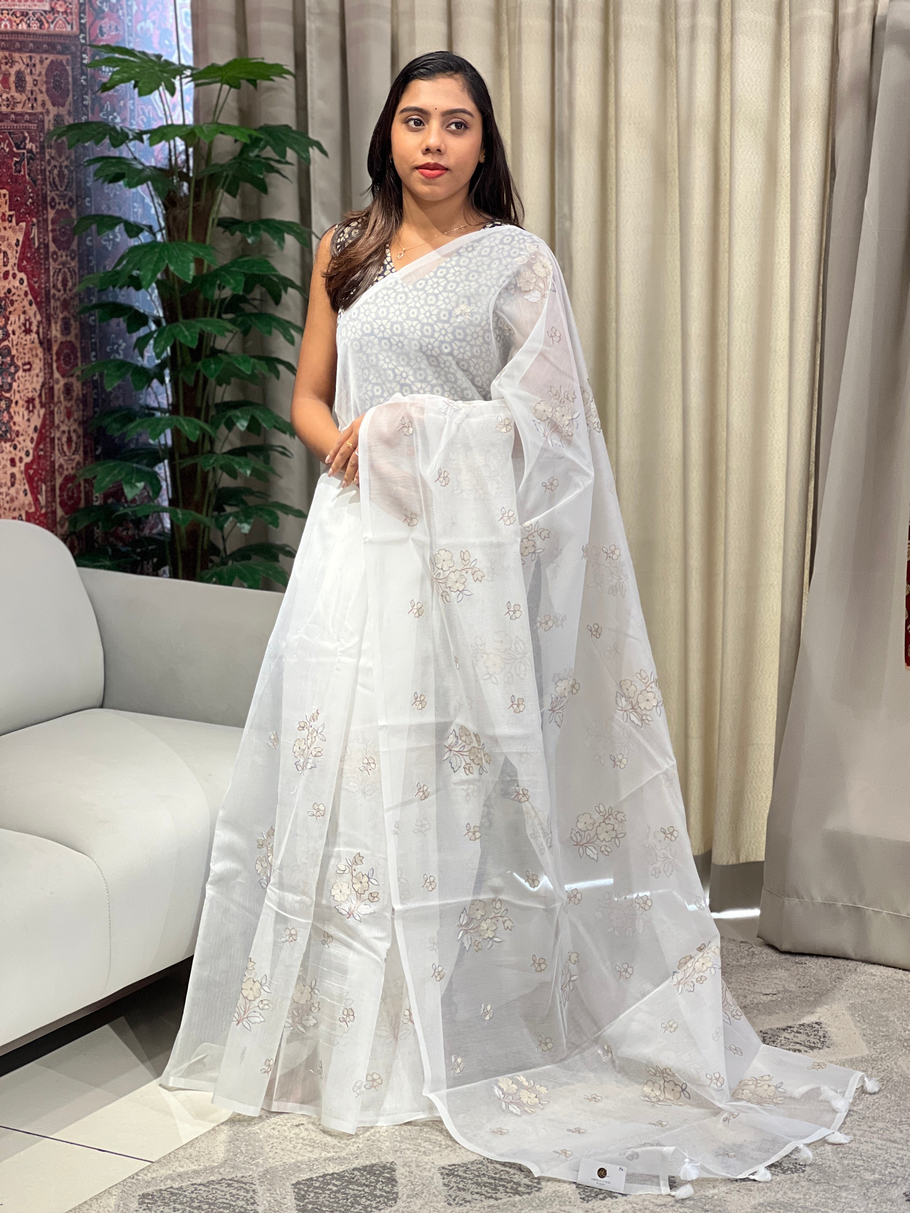 Floral Cross Stitch and Machine Embroidery Supernet Kota Saree | YNG917