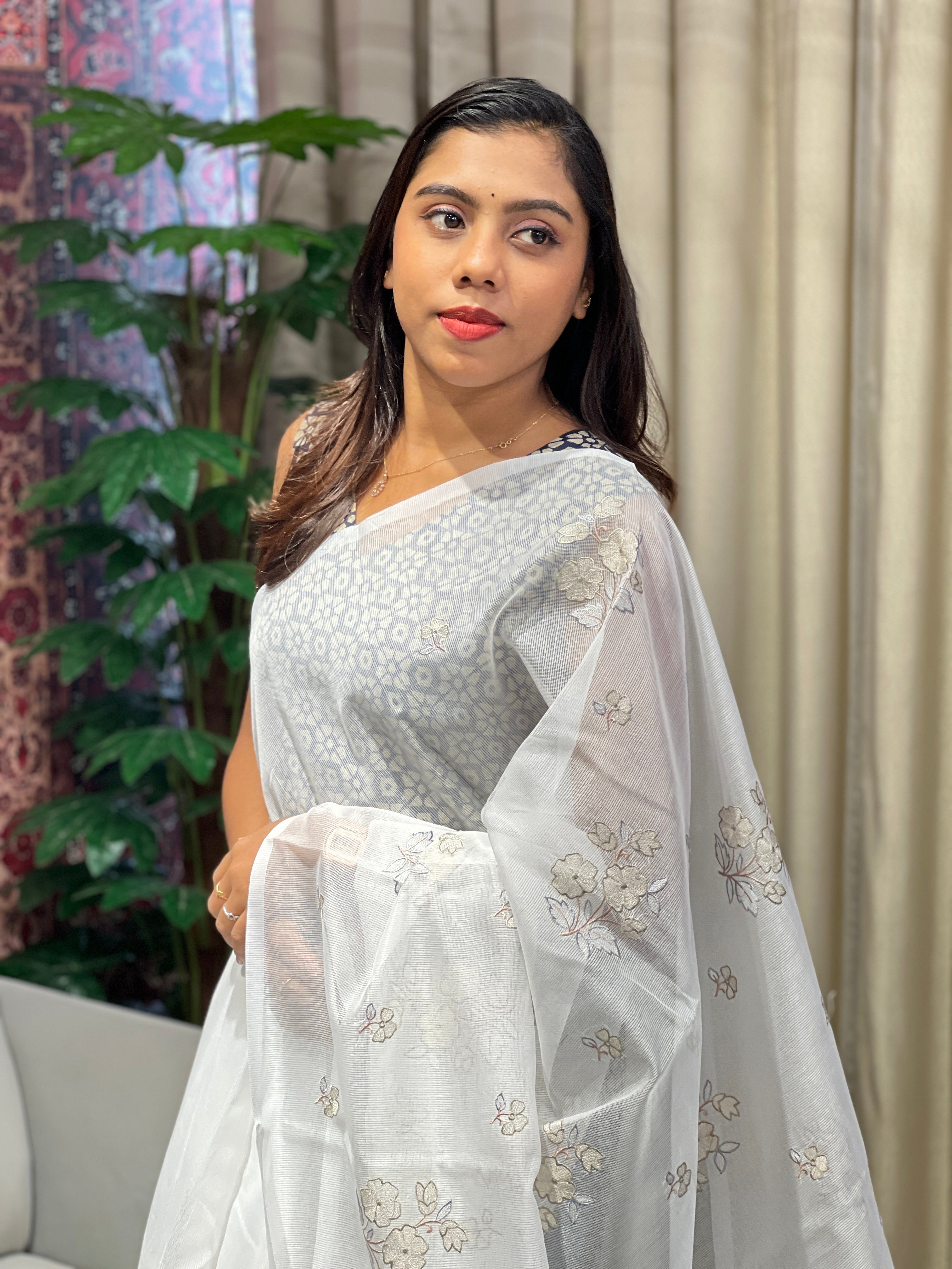 Floral Cross Stitch and Machine Embroidery Supernet Kota Saree | YNG917